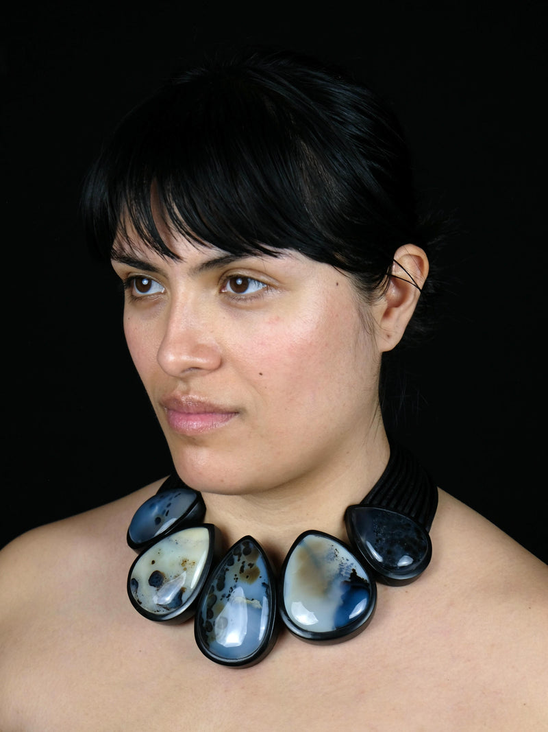 Necklace: dendritic agate, ebony, leather