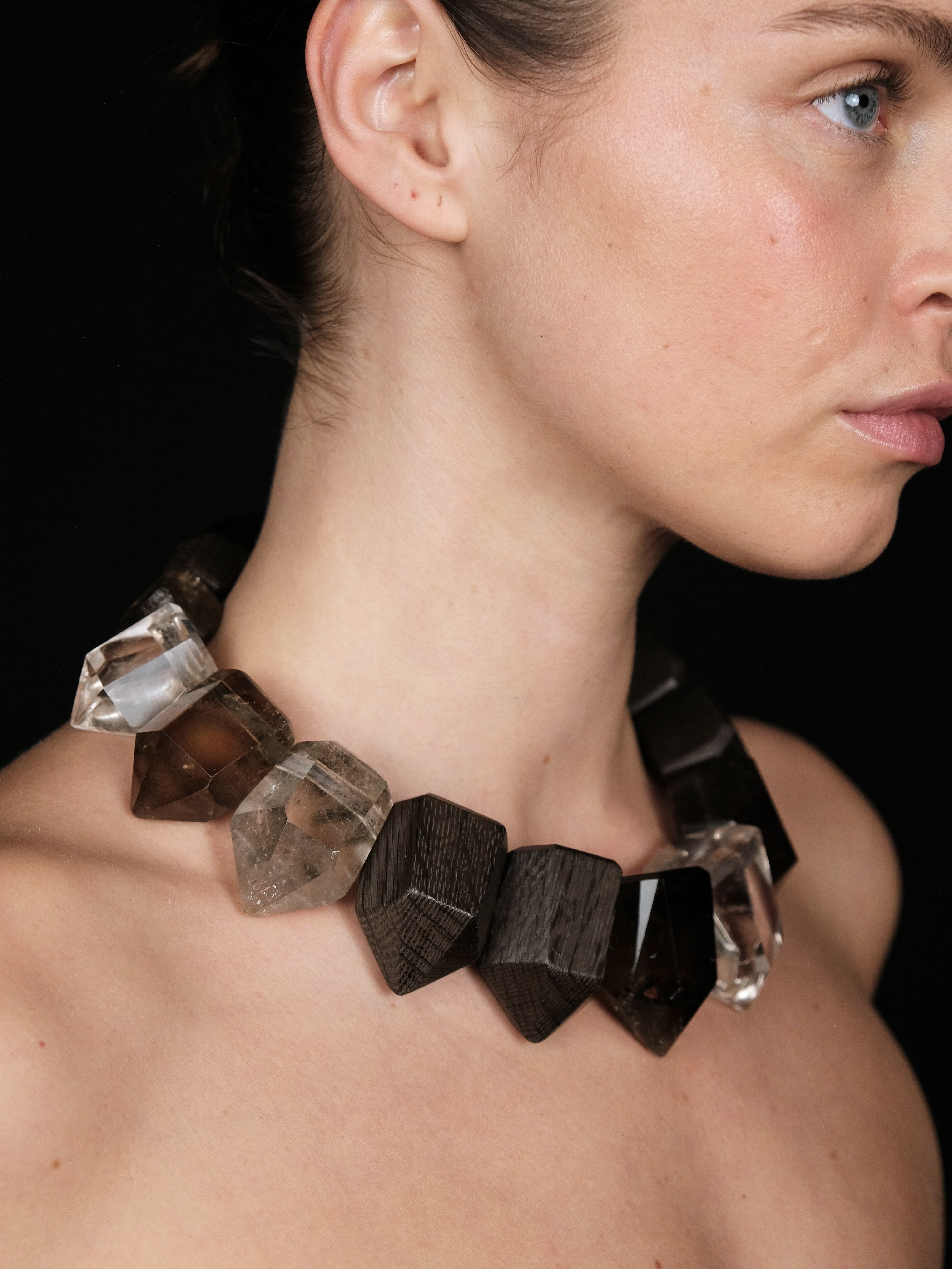 Necklace: crystal, quartz, bog oak