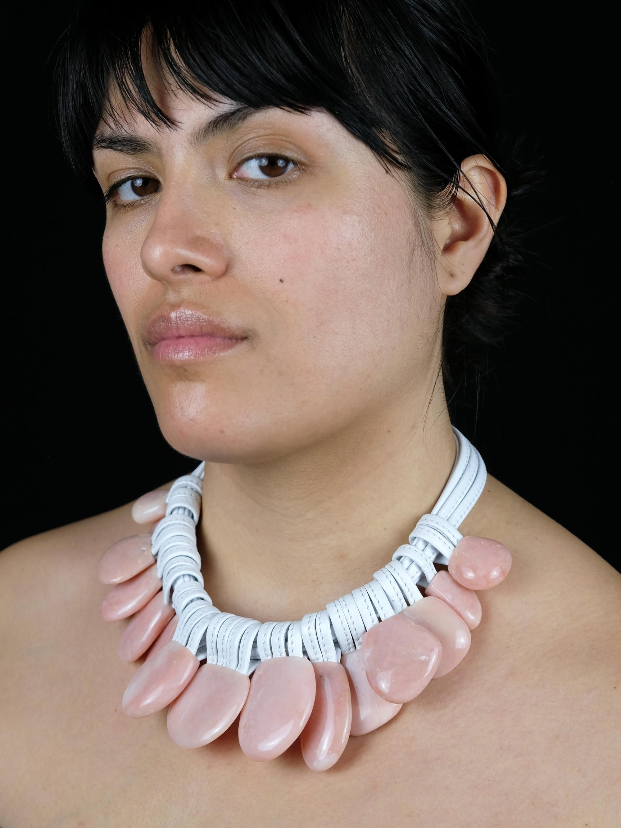 Necklace: pink andean opal, leather
