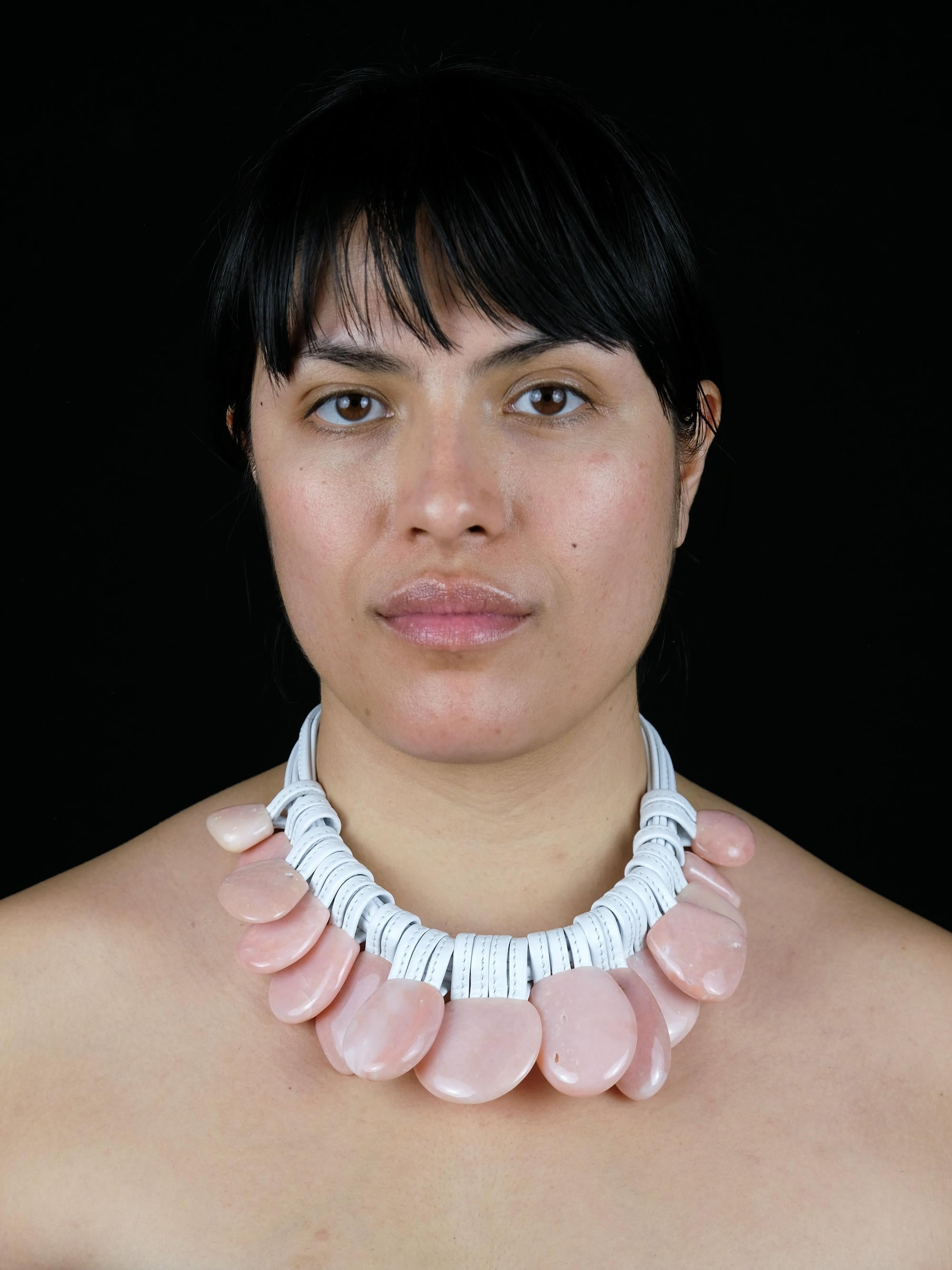 Necklace: pink andean opal, leather