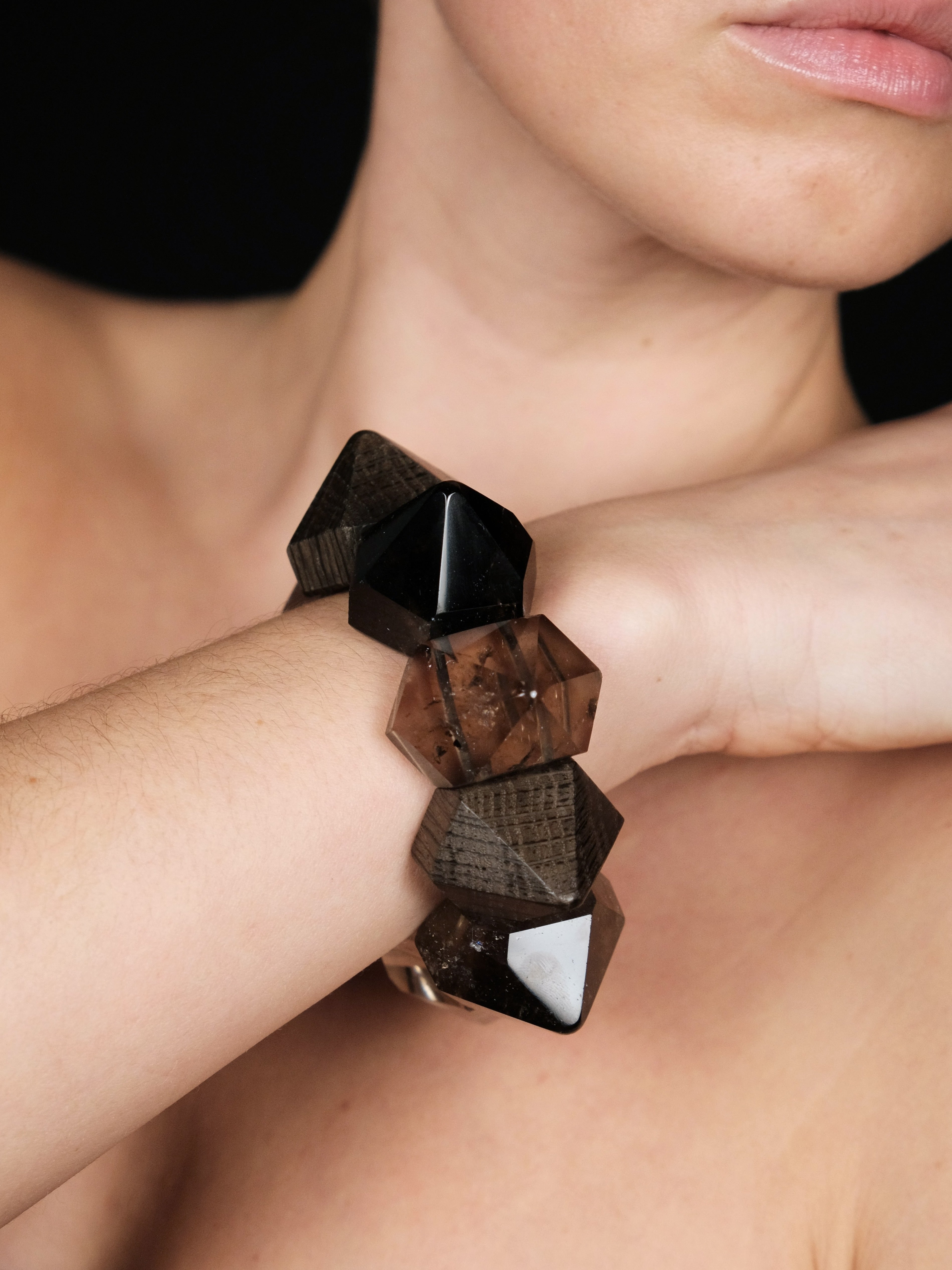 Bracelet: smoky quartz, bog oak