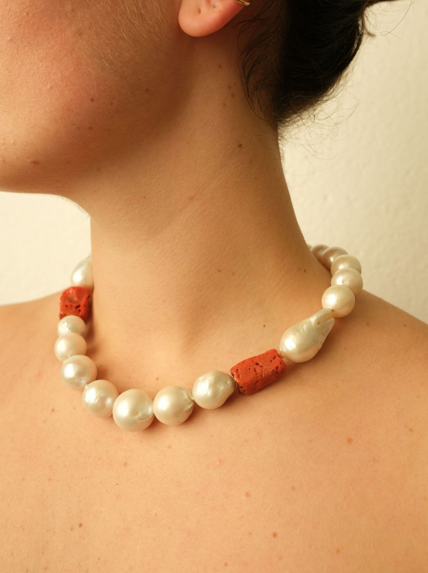 Necklace: freshwater pearls, coral