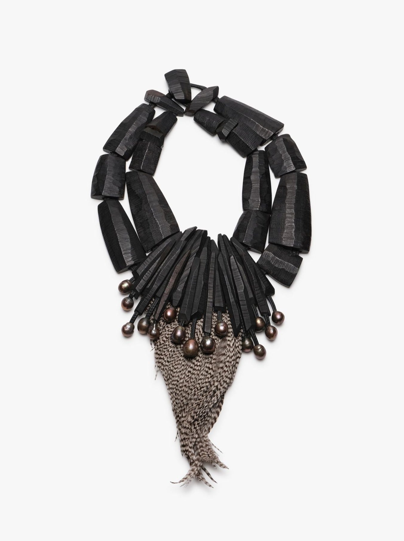 Necklace: black pearls, feathers, ebony