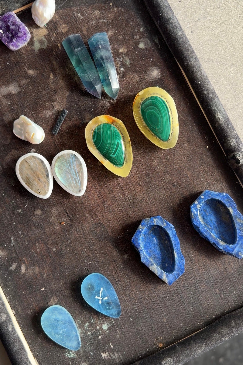 Earrings: ebony, aquamarine, lapis lazuli