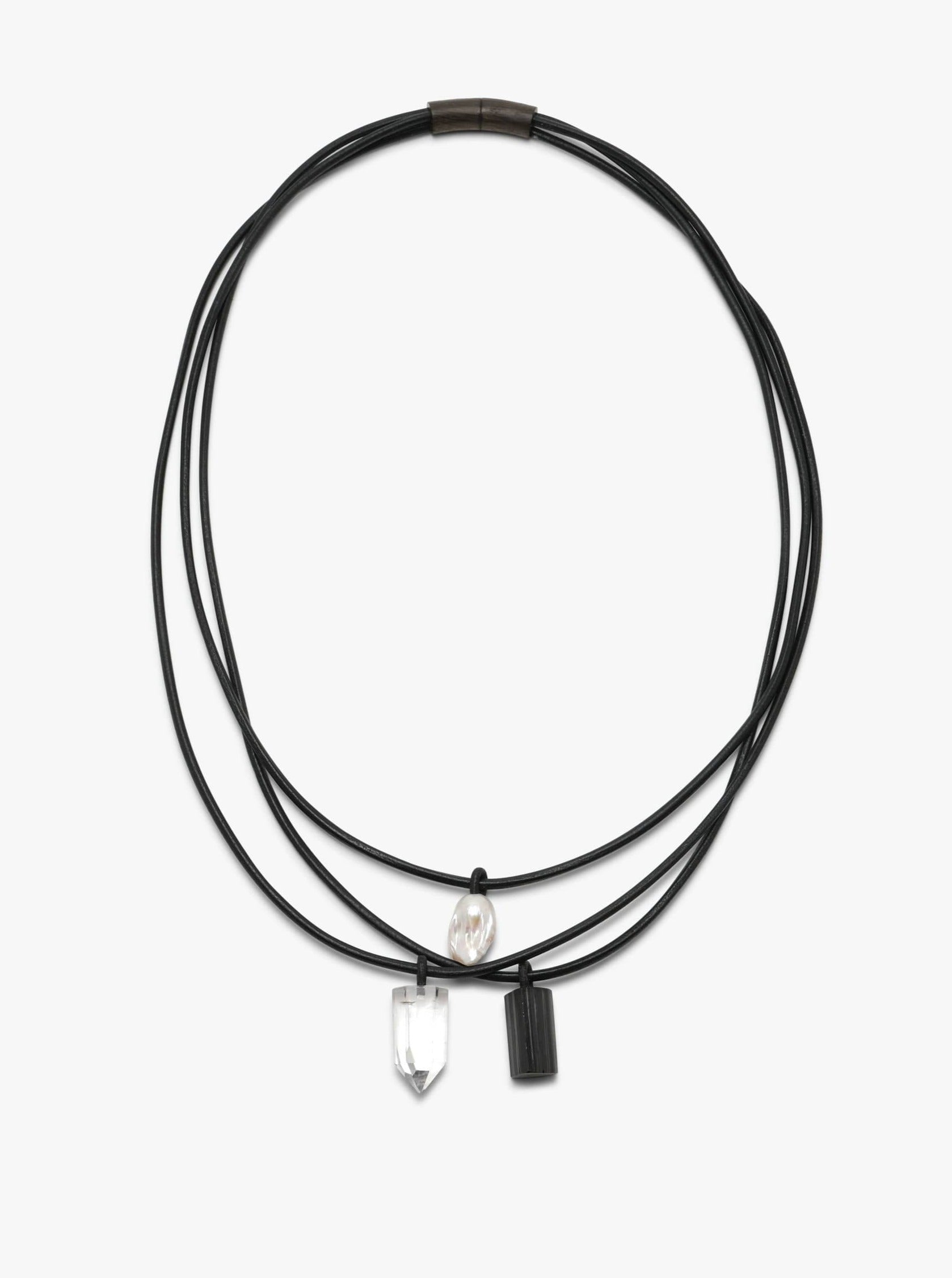 Mint necklace: leather, bog oak, baroque pearl, tourmaline, mountain crystal