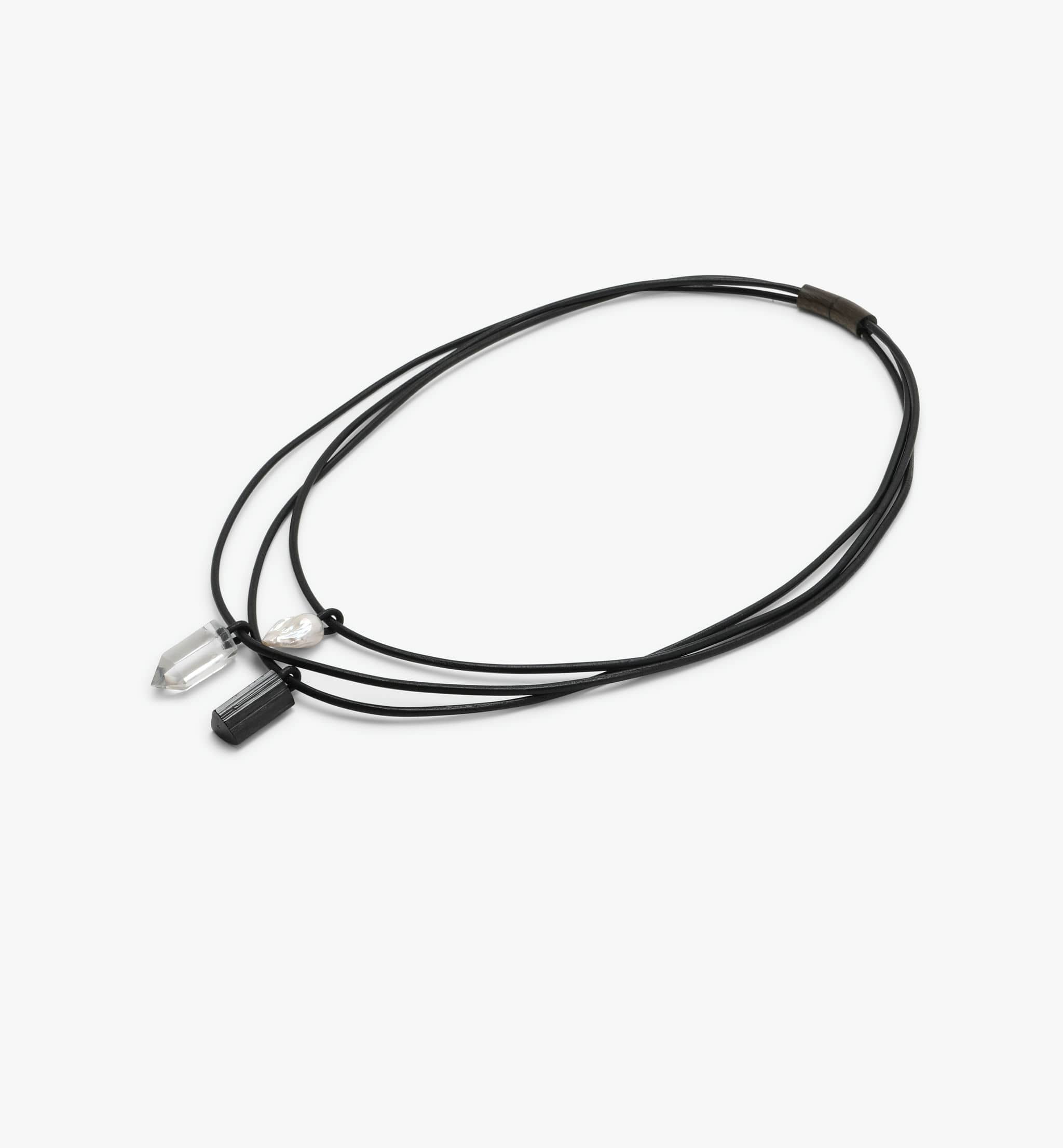 Mint necklace: leather, bog oak, baroque pearl, tourmaline, mountain crystal