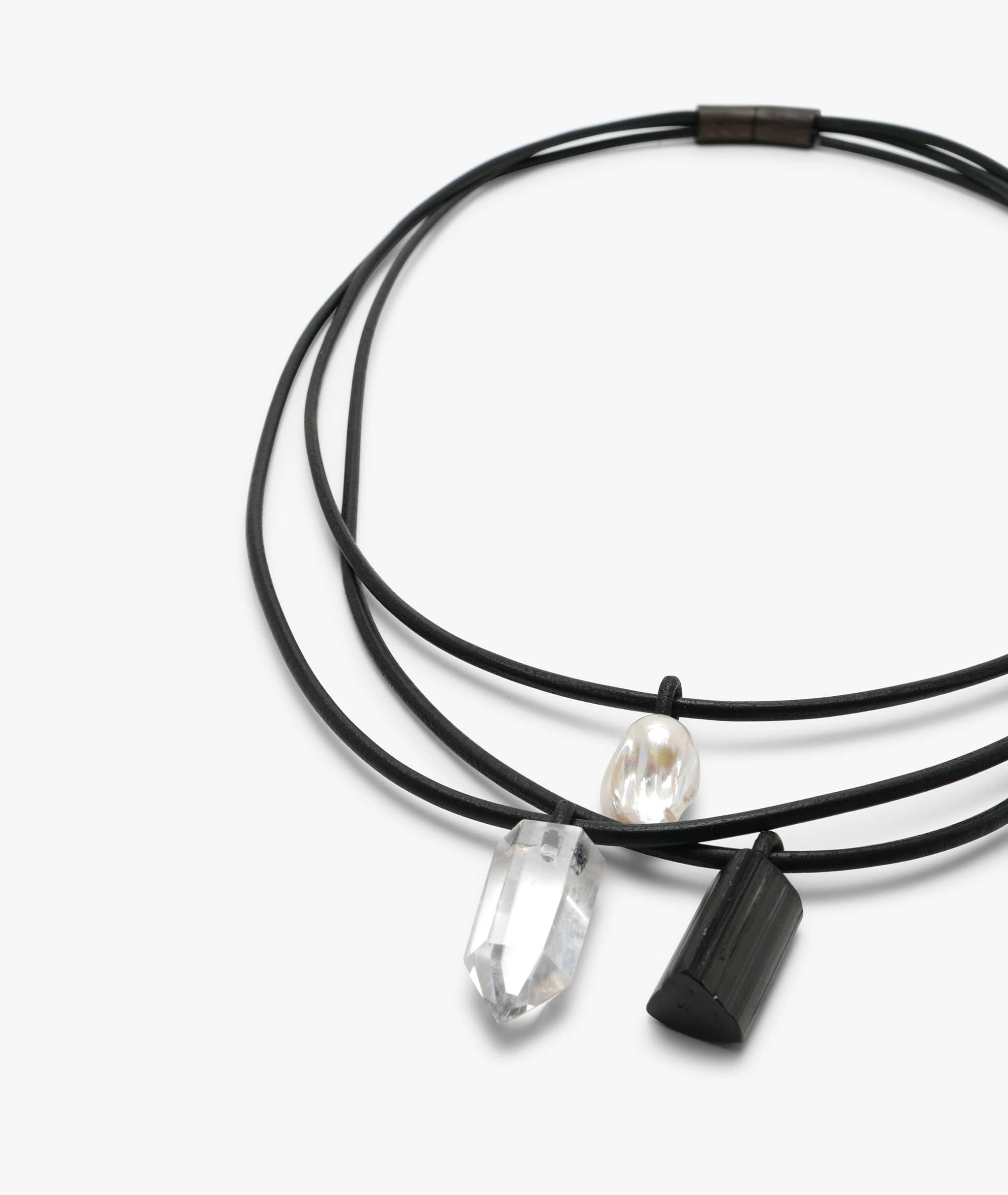 Mint necklace: leather, bog oak, baroque pearl, tourmaline, mountain crystal