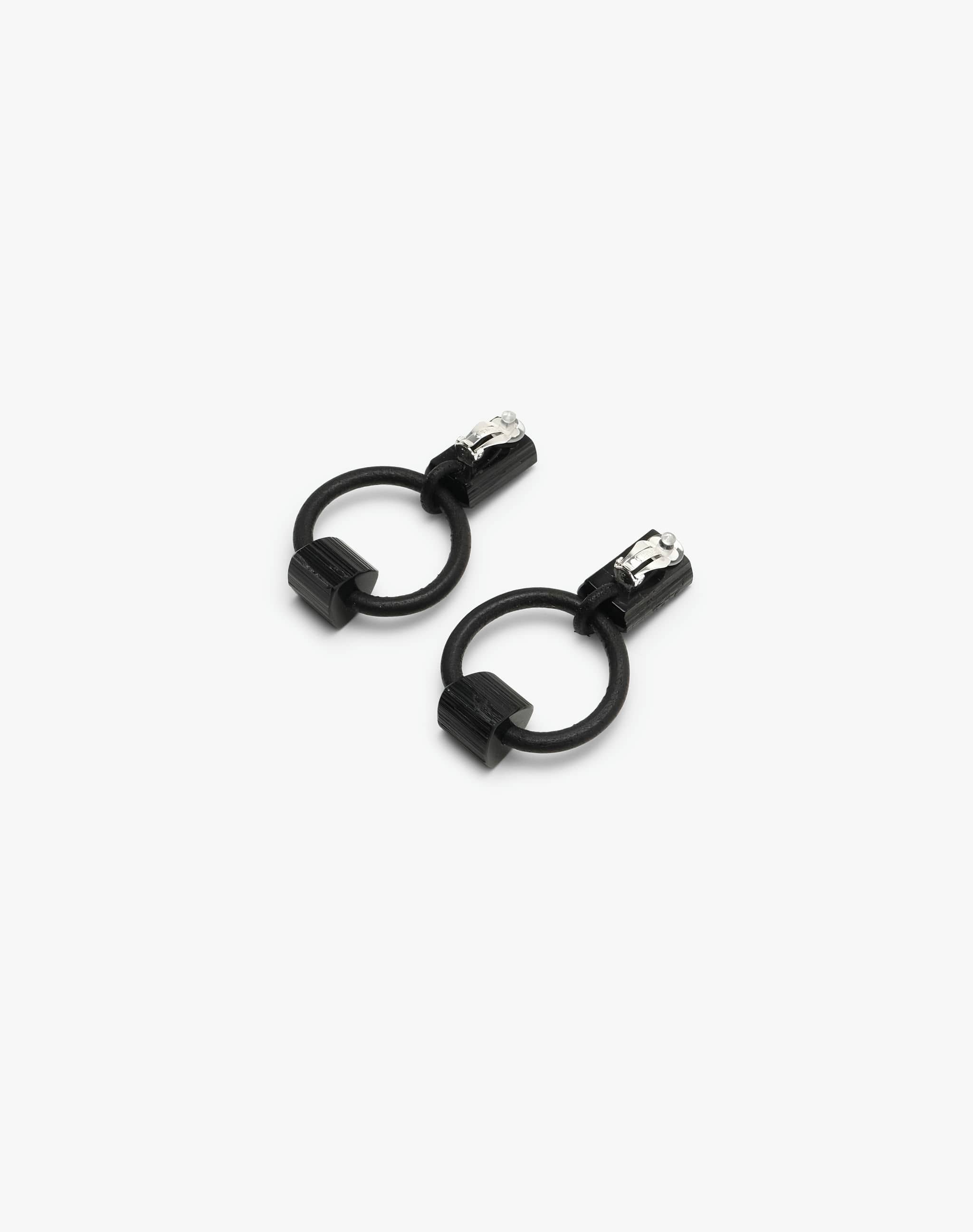 Mint earclips: black tourmaline, leather