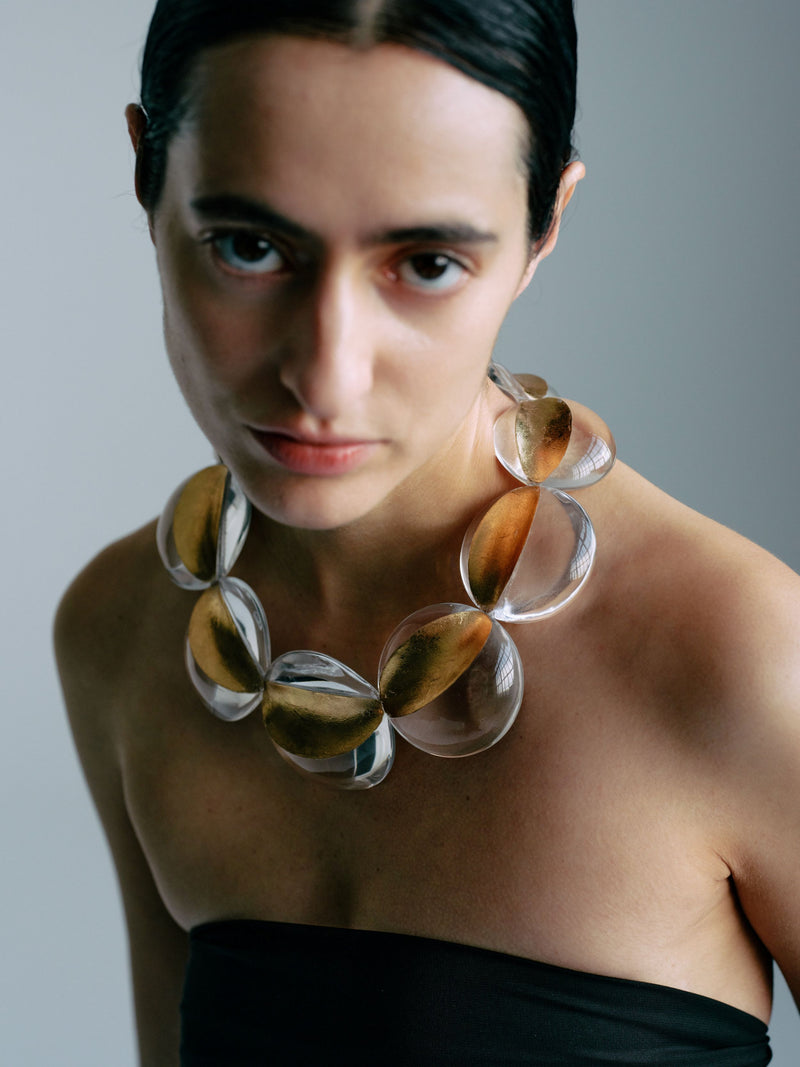 Sava necklace: greencast acrylic, goldfoil
