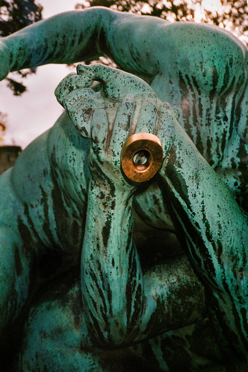 Elowen ring: acacia, goldfoil, leather