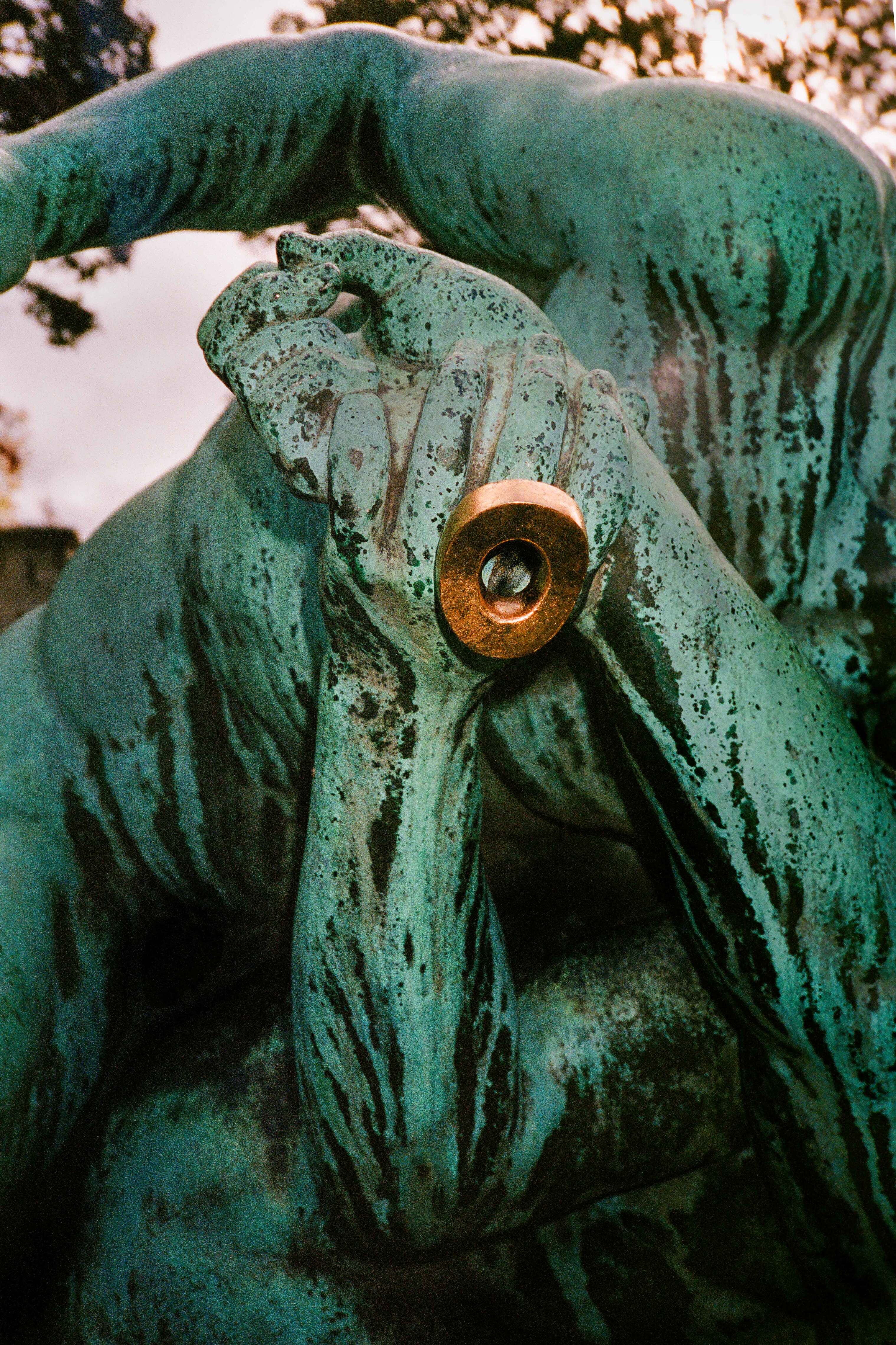 Elowen ring: acacia, goldfoil, leather