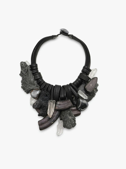Necklace: mixed materials on leather