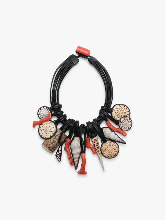 Necklace: shell, coral, bone, leather