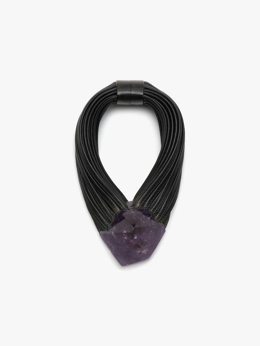 Necklace: amethyst, ebony, leather