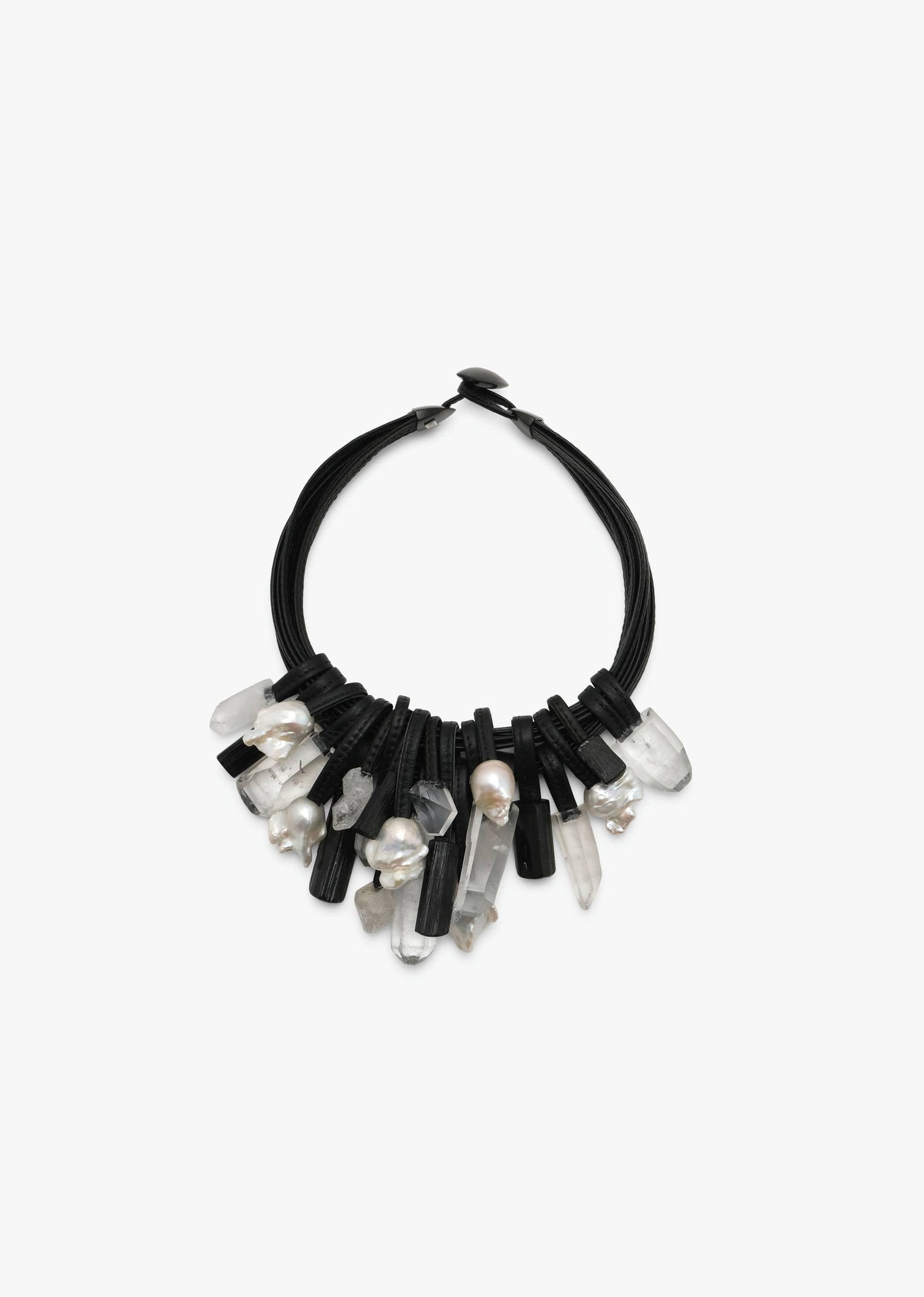 Necklace: pearl, tourmaline, mountain crystal, leather