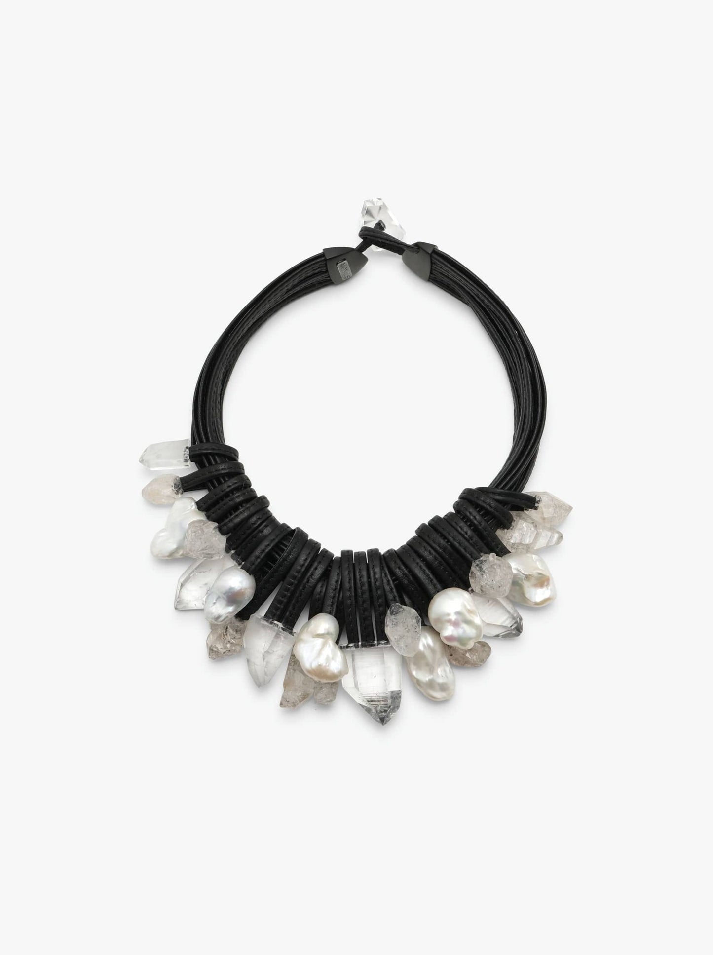 Necklace: leather, crystal, baroque pearl