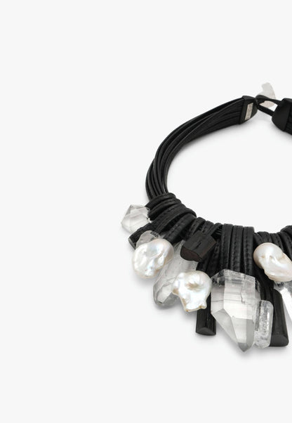 Necklace: leather, crystal, baroque pearl