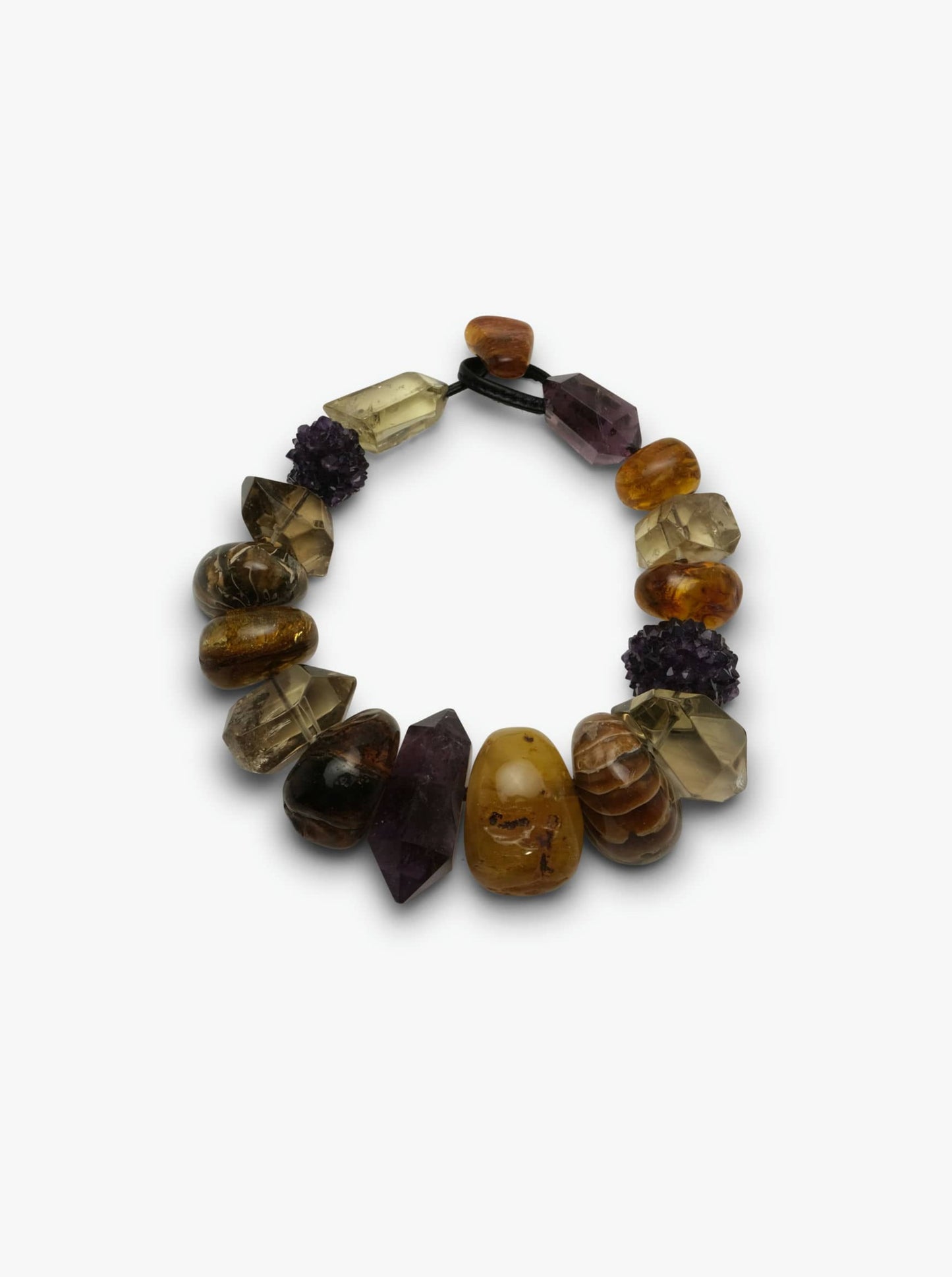 Necklace: amber, amethyst, ammonite, citrine