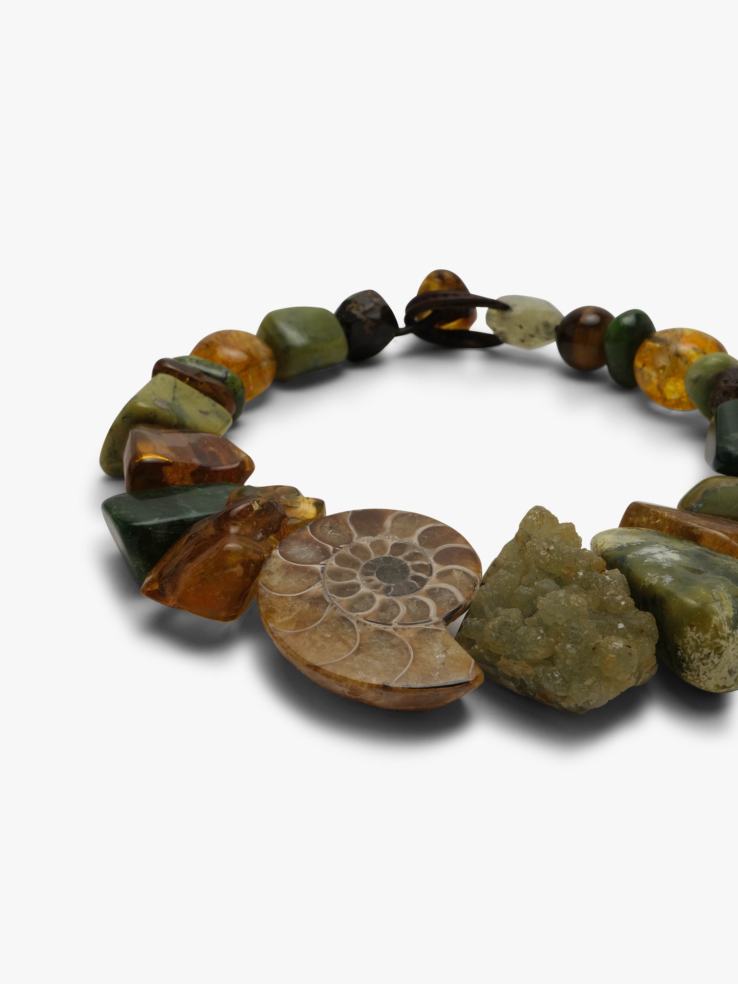 Necklace: amber, serpentine, jade