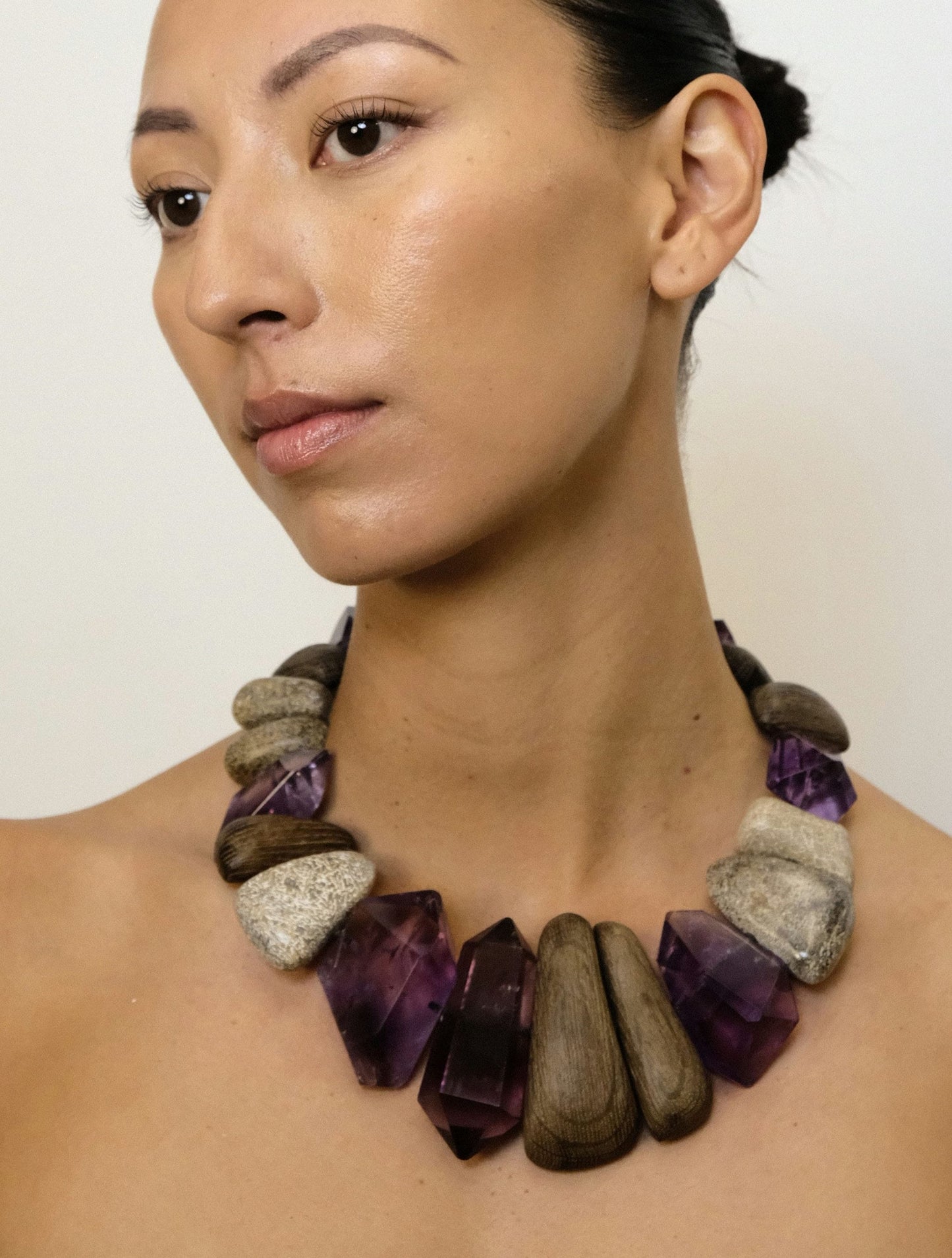 Necklace: amethyst, petrified wood, bog oak