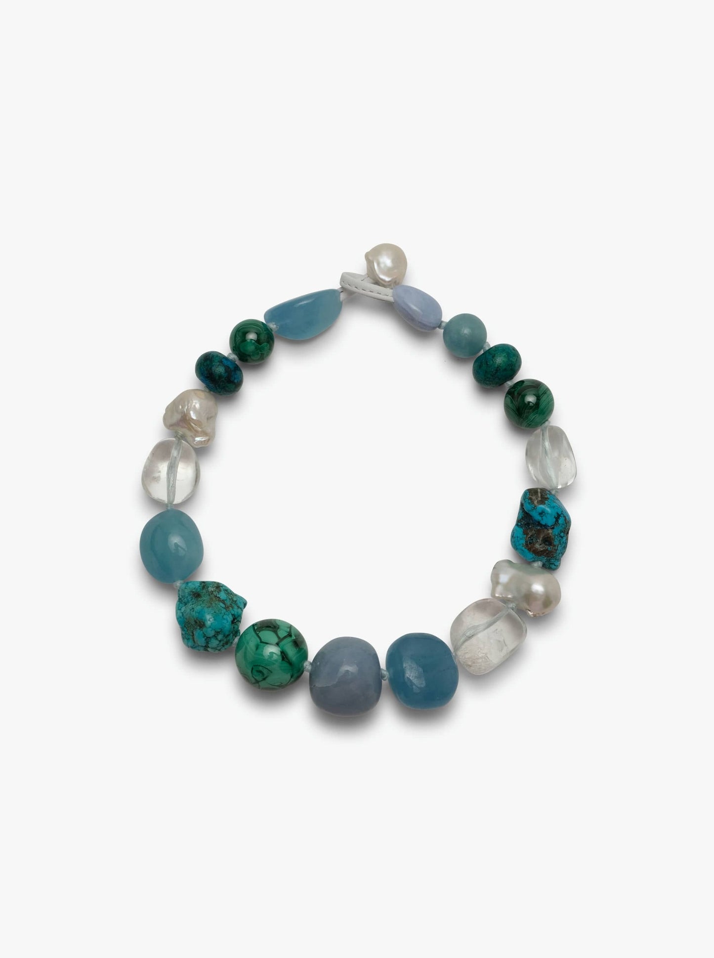 Necklace: chalcedony, baroque pearl, aquamarine, chrysocolla