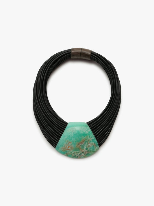 Necklace: chrysoprase, leather