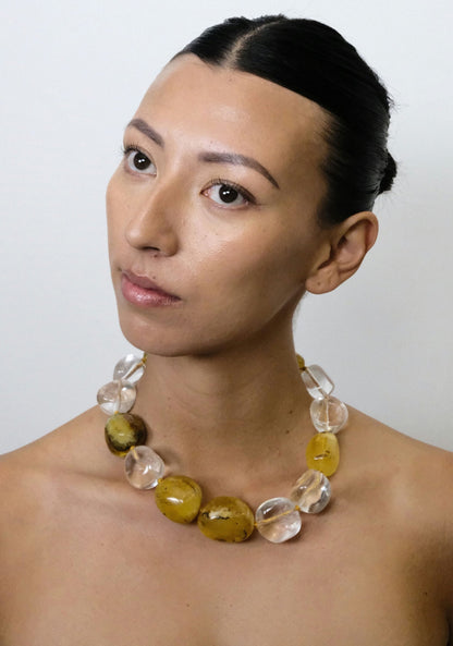 Necklace: mountain crystal, amber