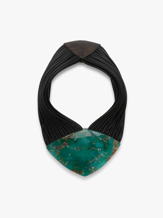 Necklace: chrysoprase, leather