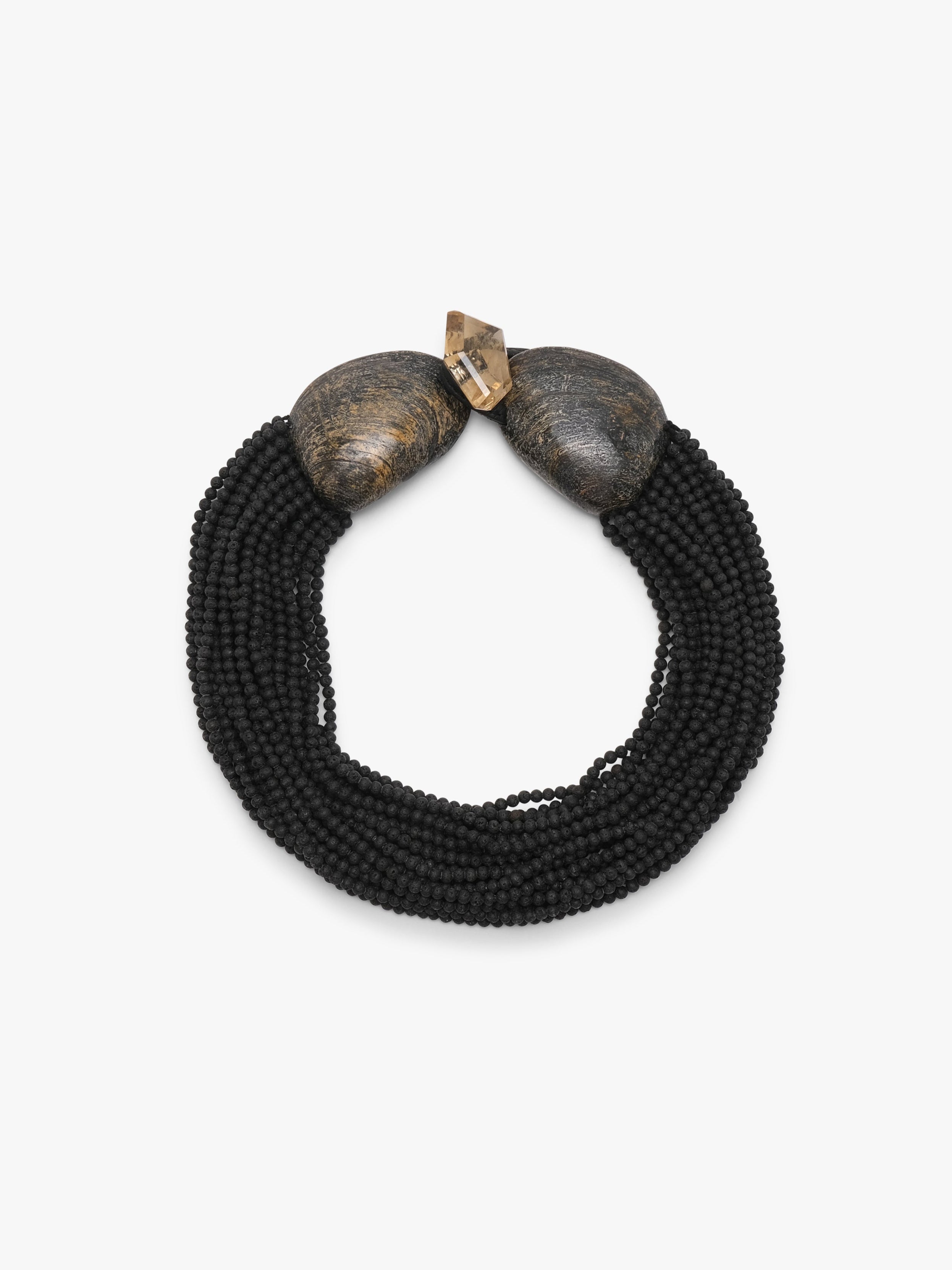 Necklace: fossil, lava stone