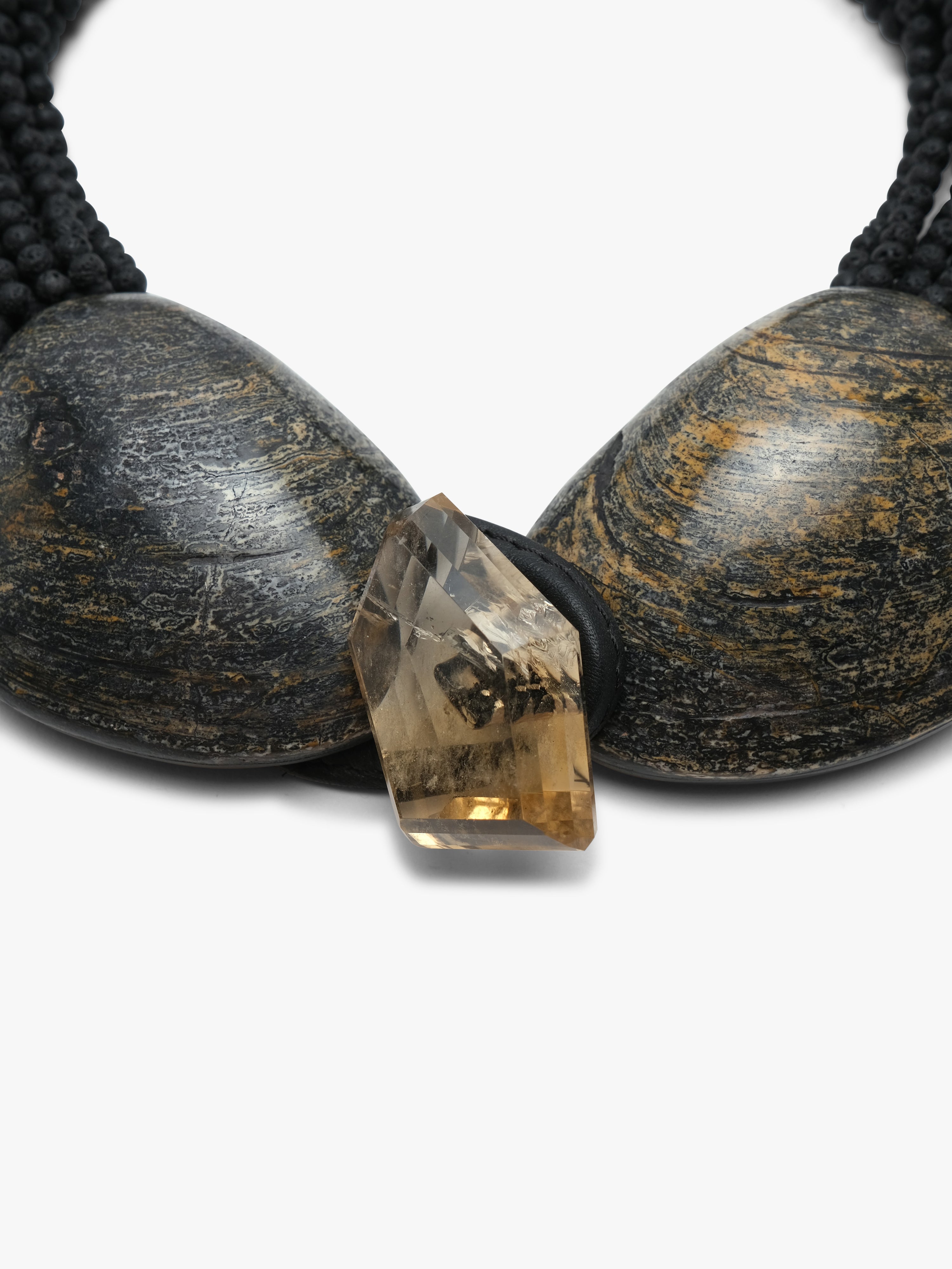 Necklace: fossil, lava stone