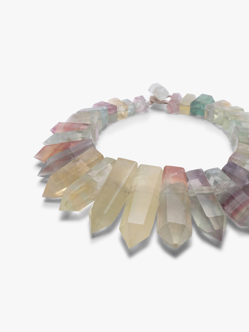 Necklace with multicolored crystal points on a white background