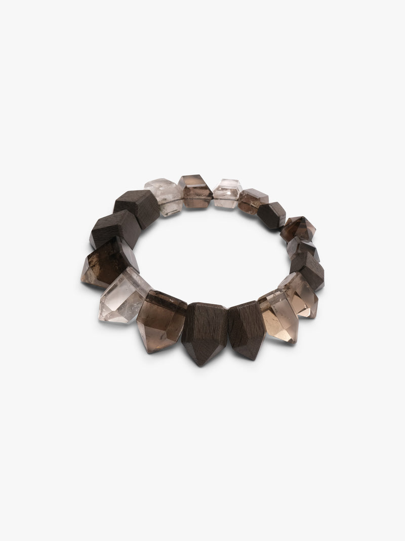 necklace with brown and clear geometric beads on a white background