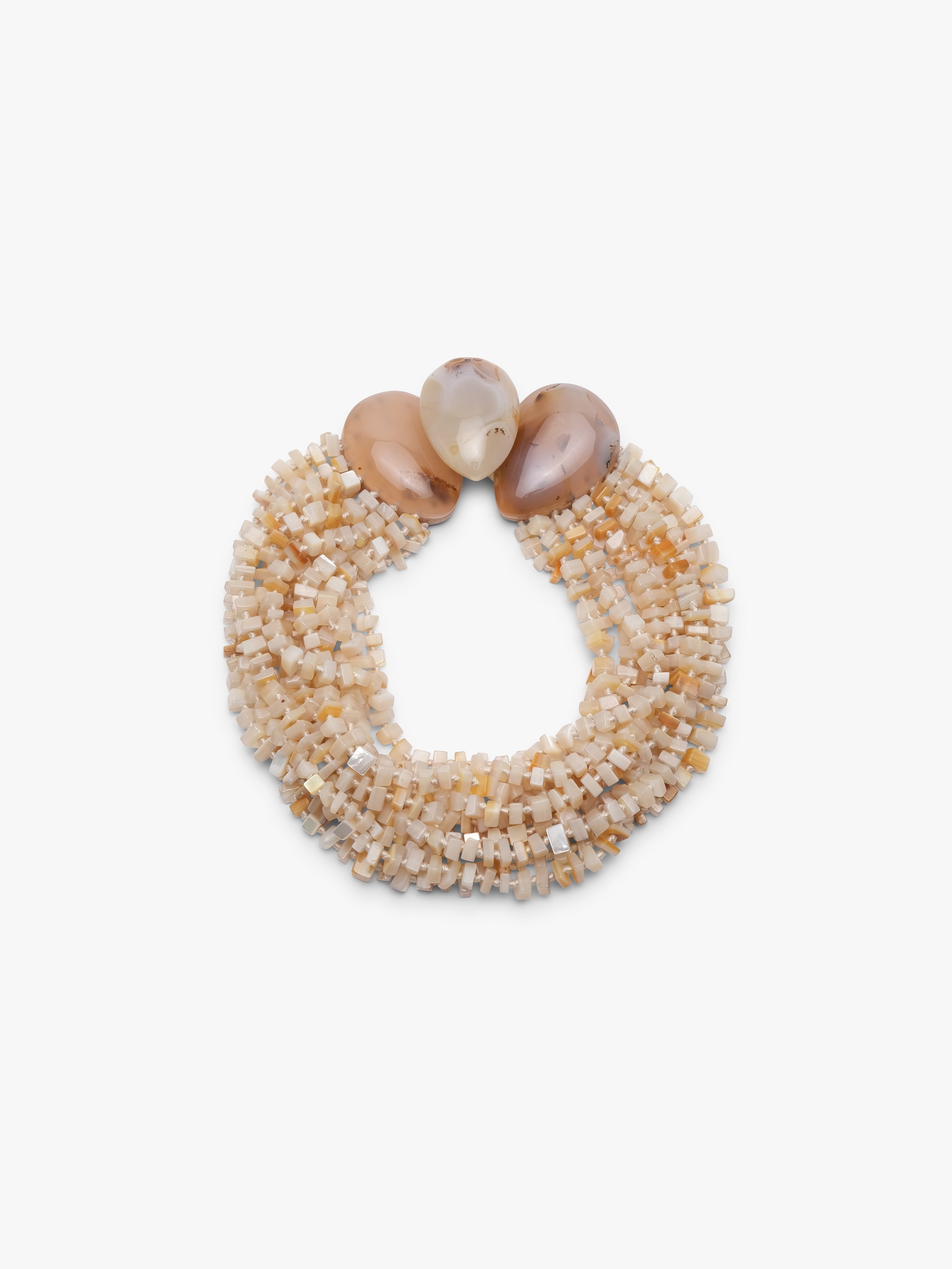 Necklace: mother of pearl, agate, beech