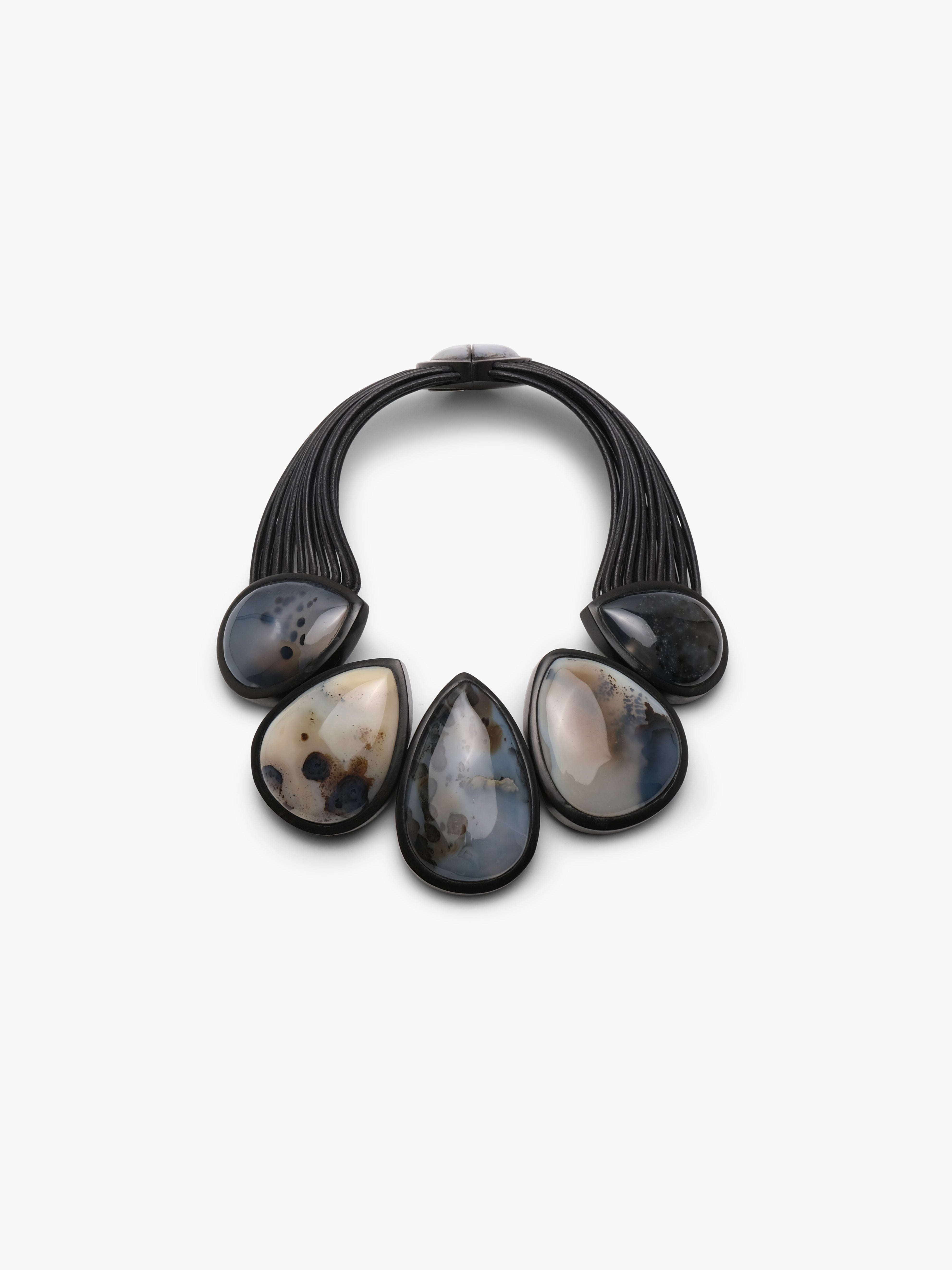Necklace: dendritic agate, ebony, leather