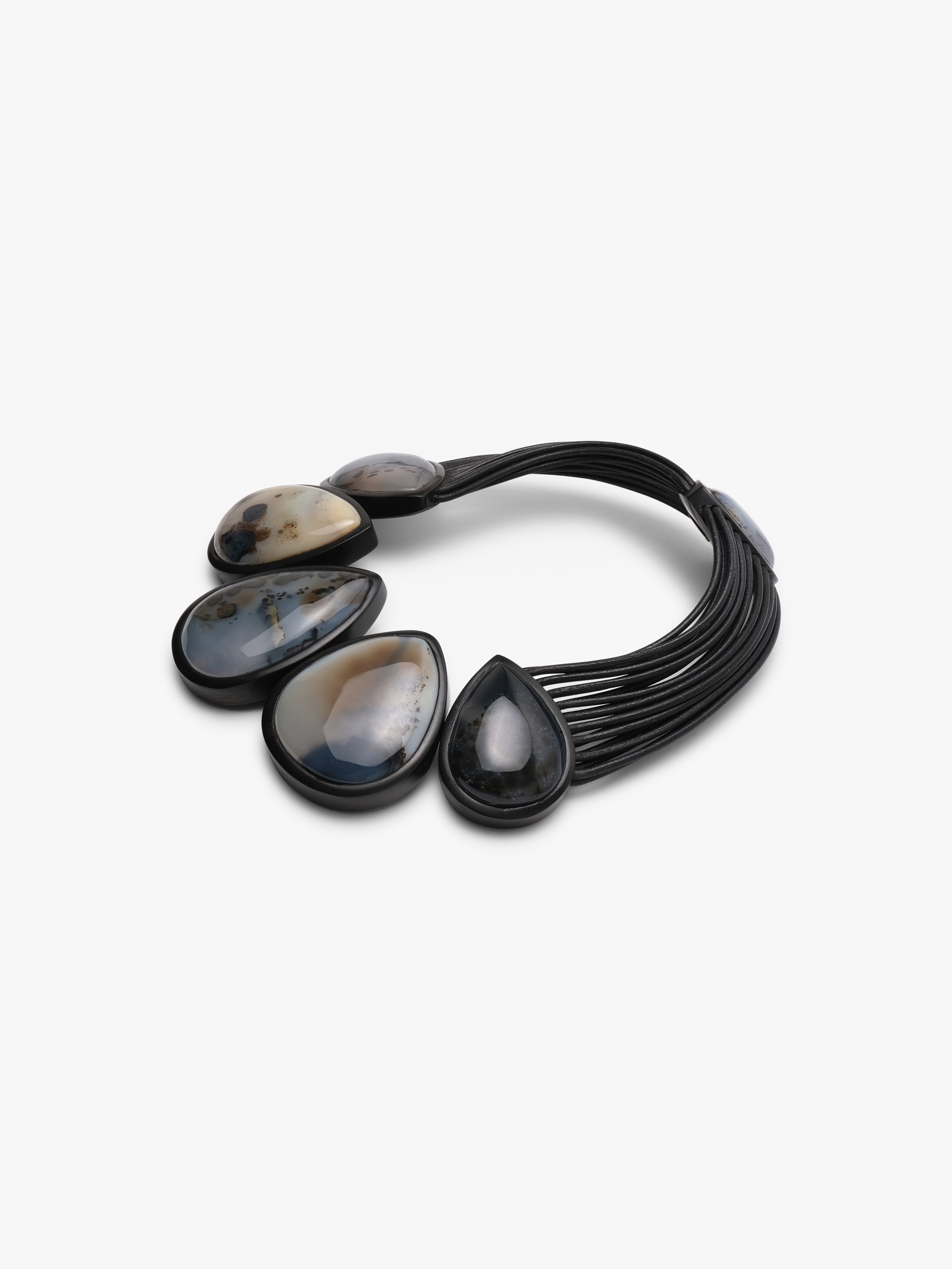 Necklace: dendritic agate, ebony, leather
