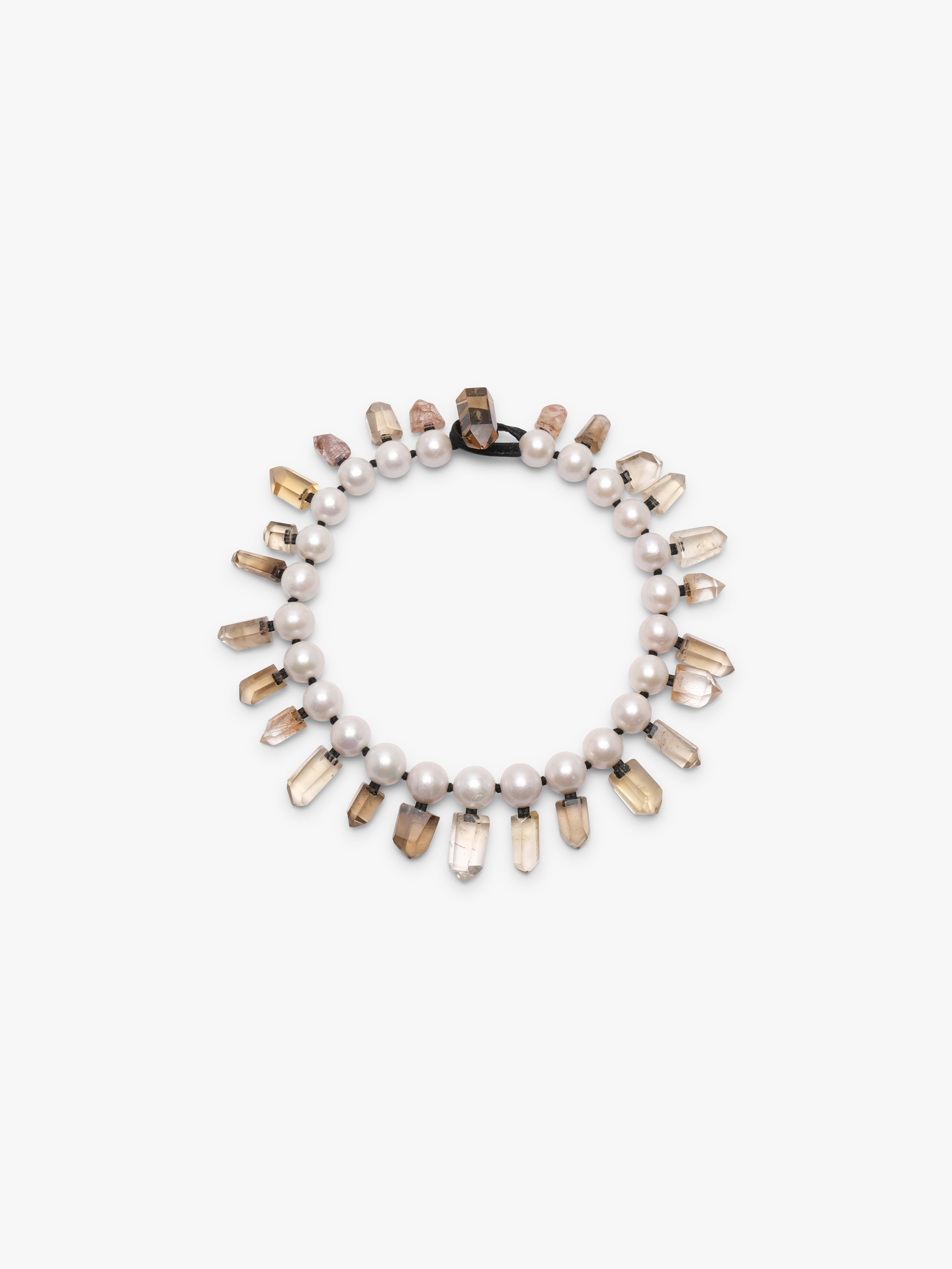 Necklace: pearls, mountain crystal, ruthilated quartz