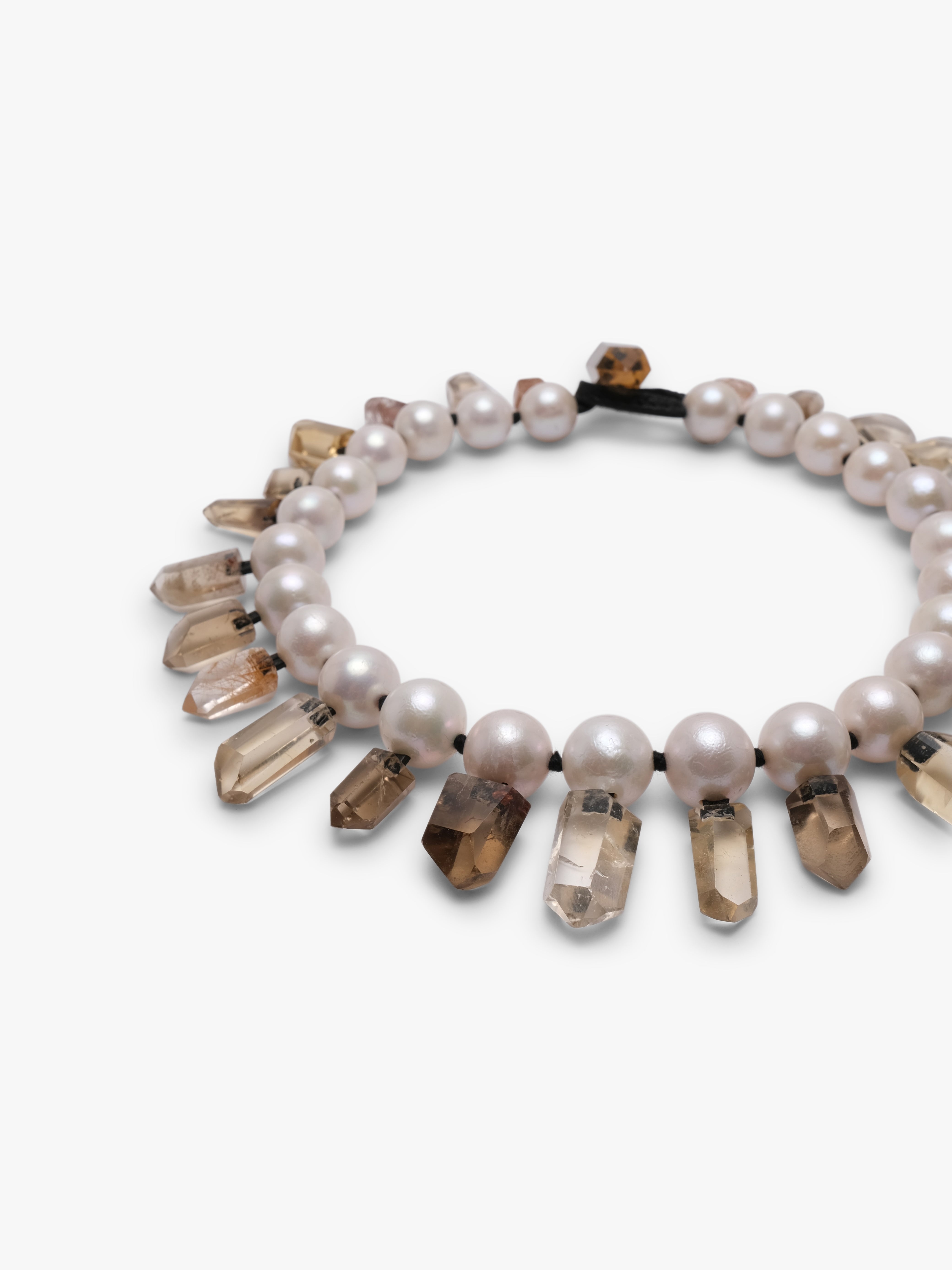 Necklace: pearls, mountain crystal, ruthilated quartz
