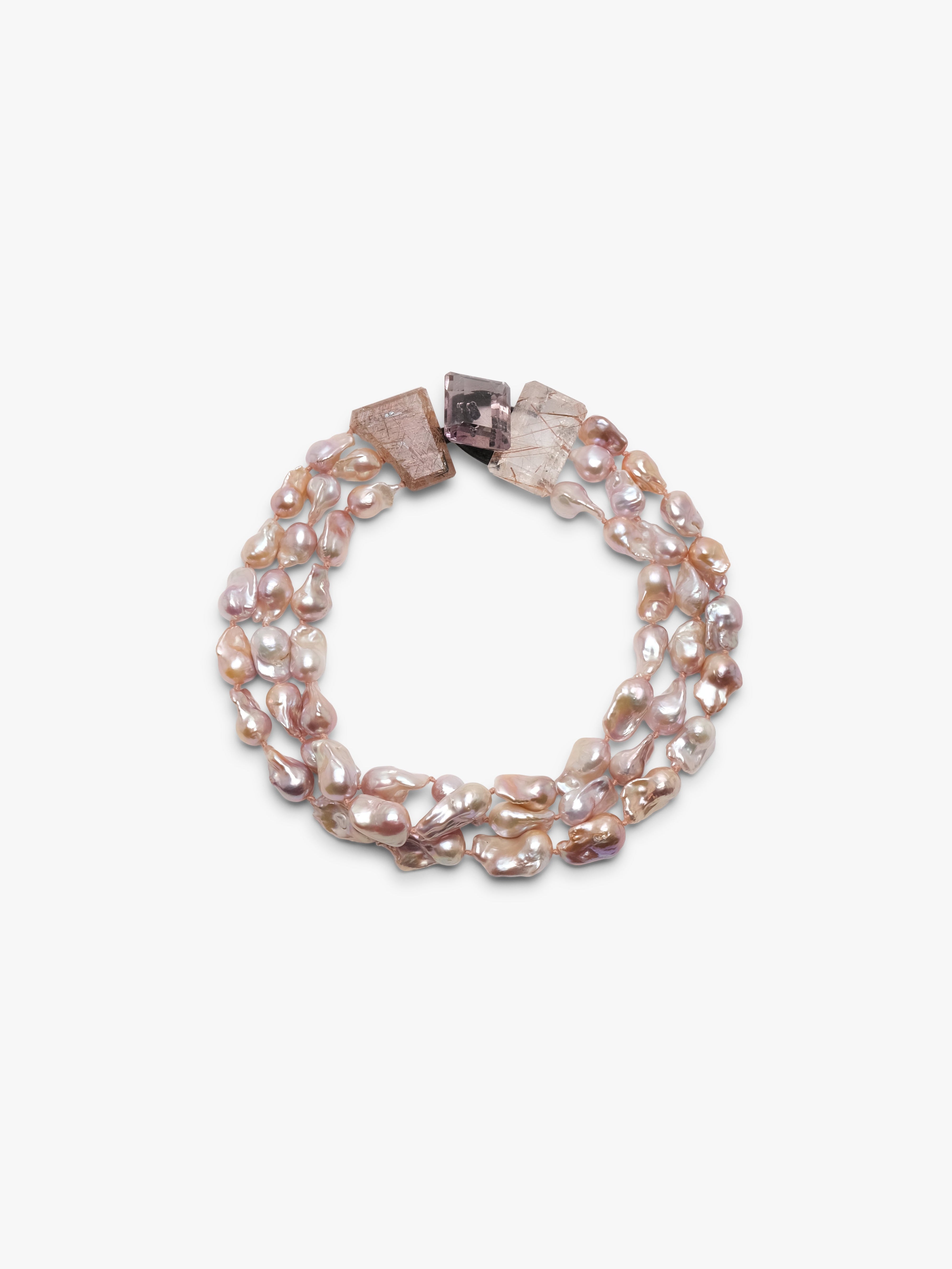 Necklace: ruthilated quartz, amethyst, baroque pearl