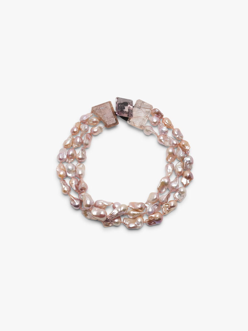 Necklace: baroque pearl, quartz, amethyst