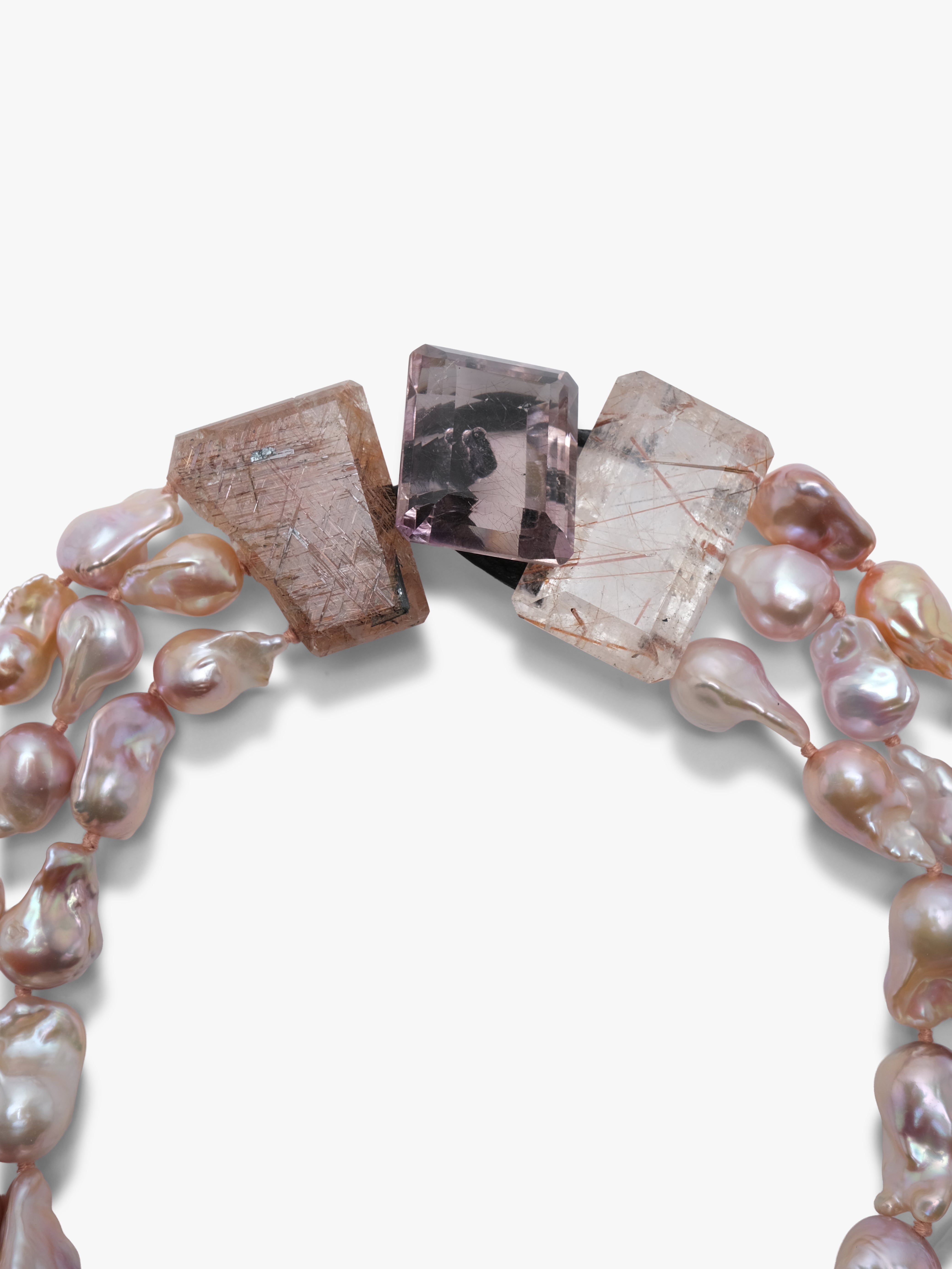 Necklace: ruthilated quartz, amethyst, baroque pearl