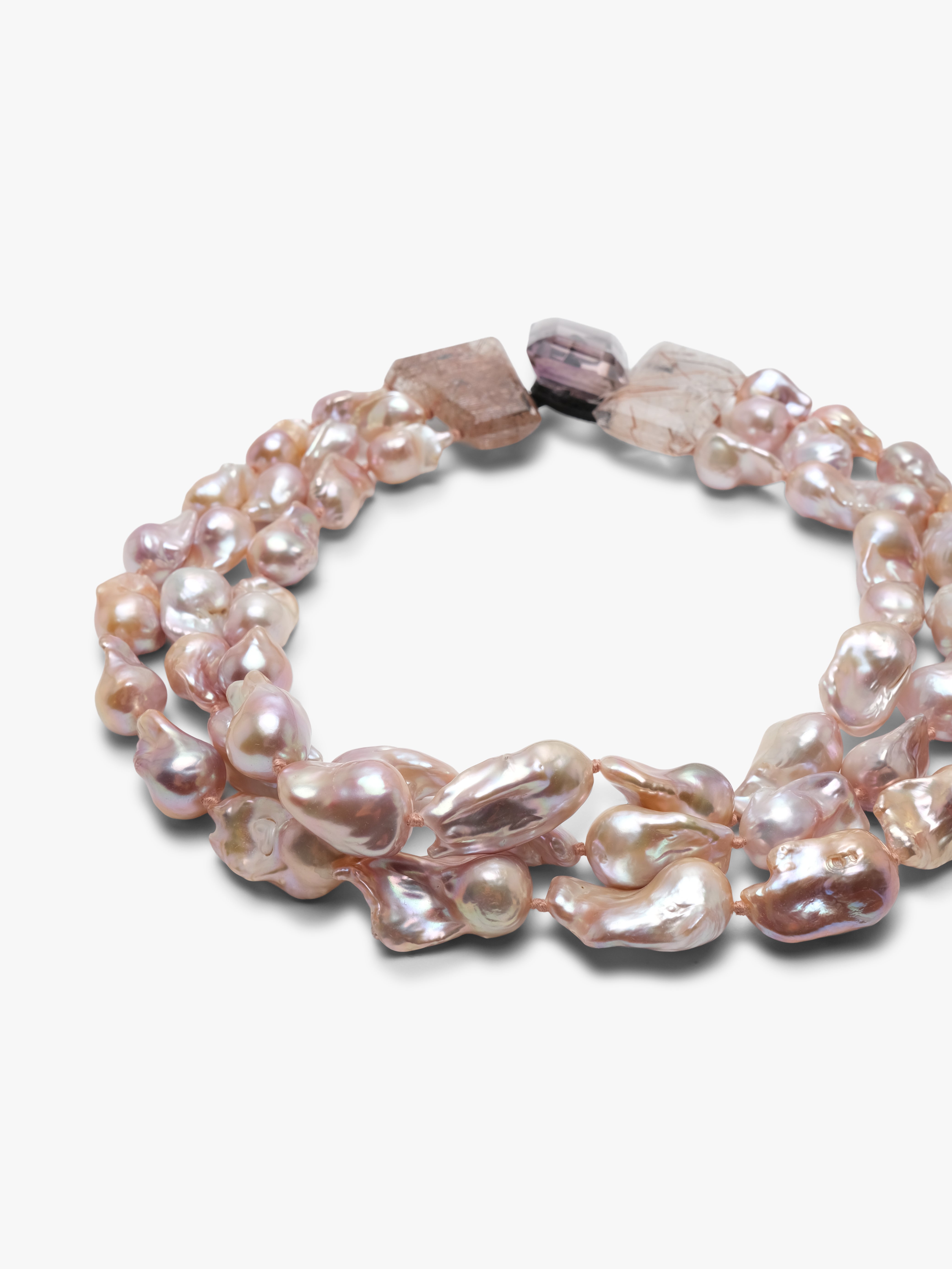 Necklace: ruthilated quartz, amethyst, baroque pearl