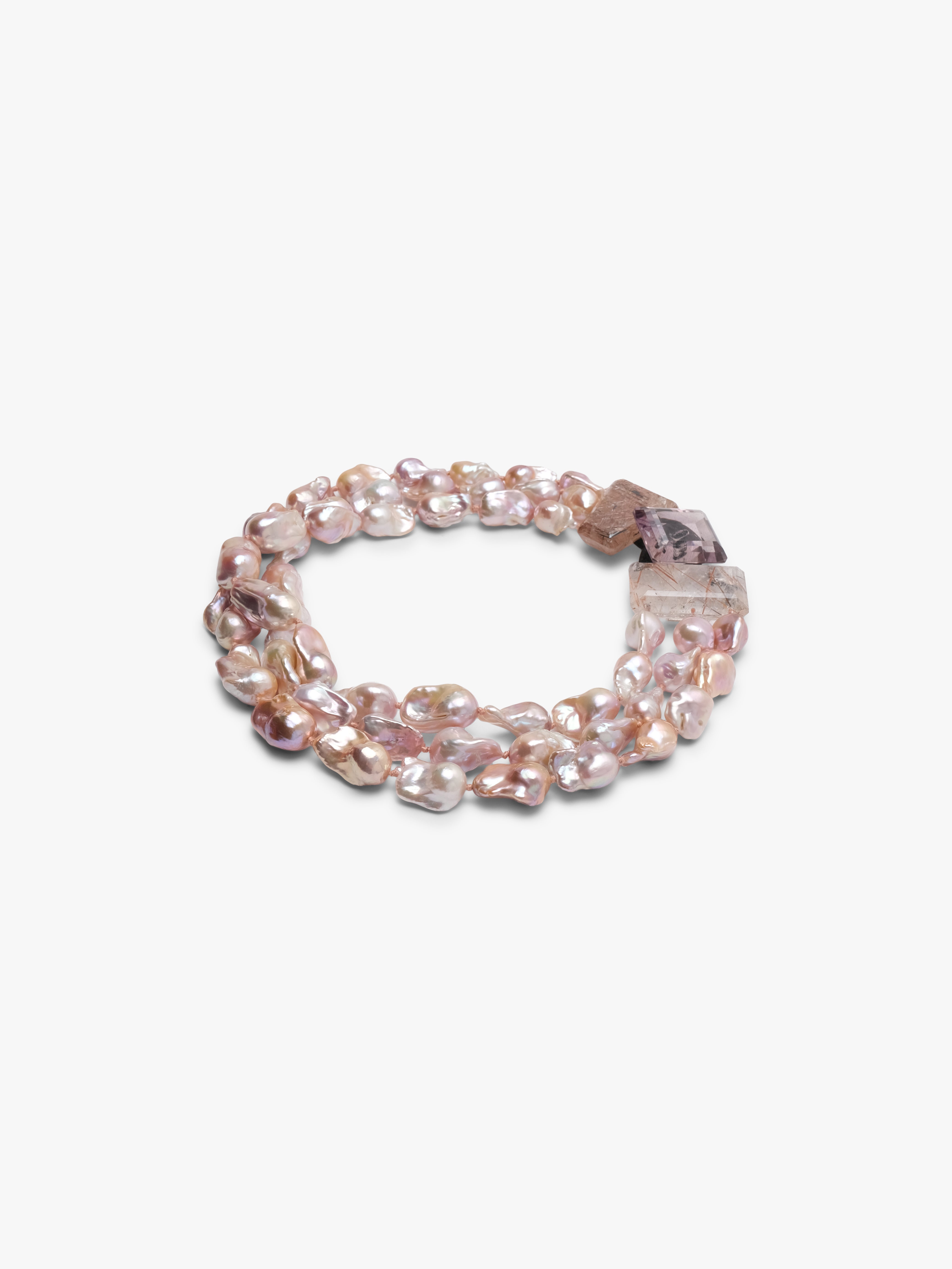 Necklace: ruthilated quartz, amethyst, baroque pearl