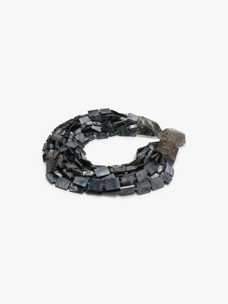 Big black necklace made from garden quartz and pearls