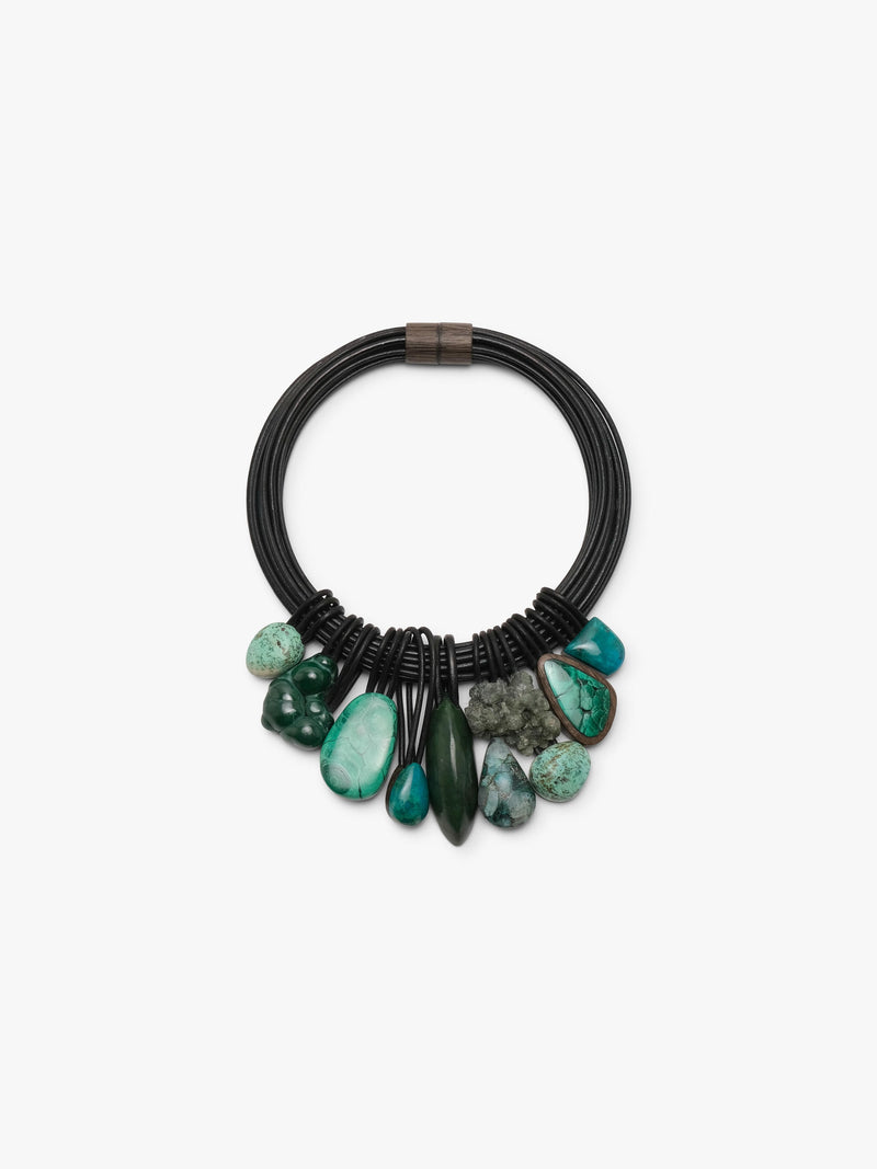 Necklace: leather, agate, chrysocolla, malachite