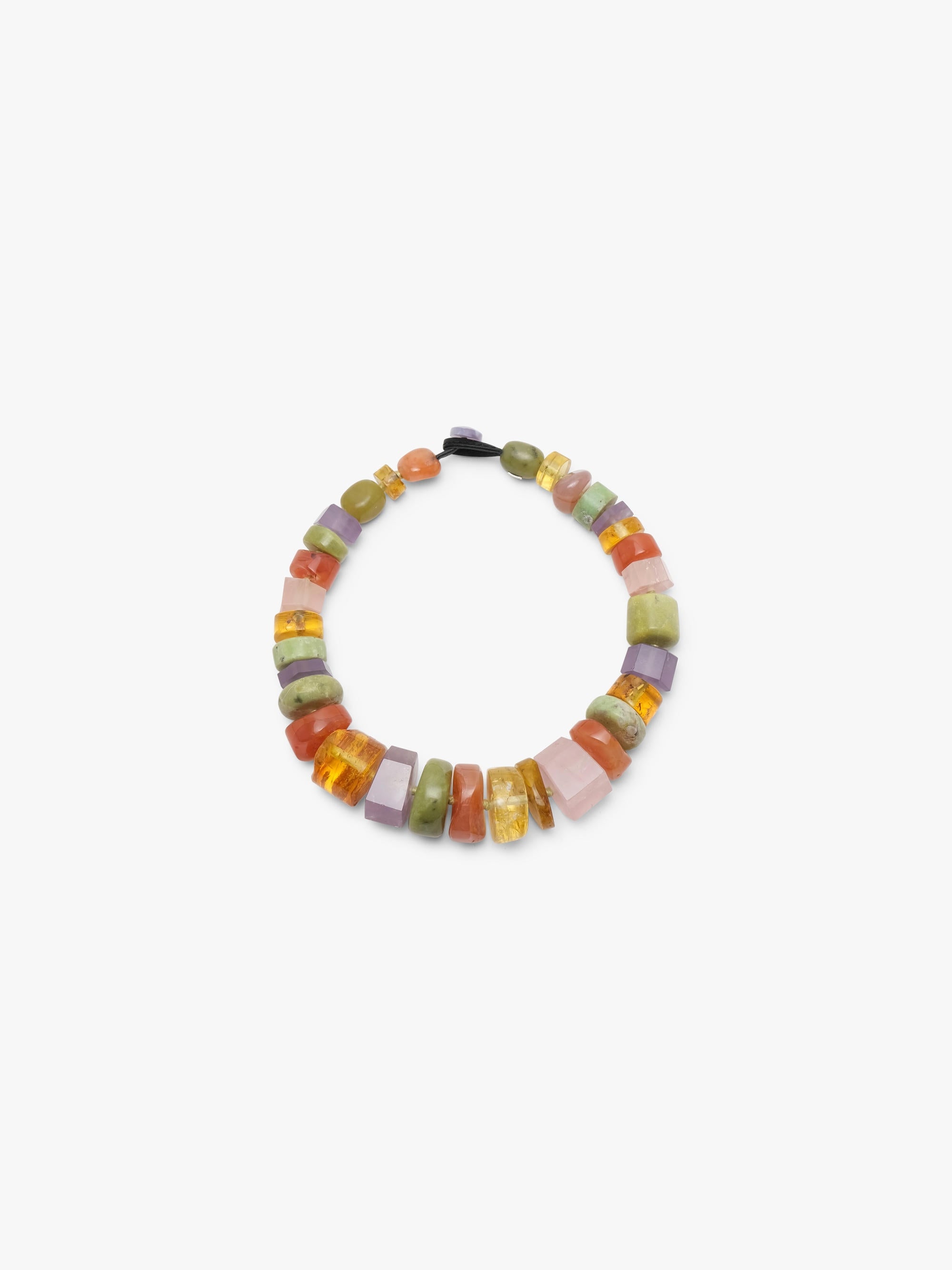 Multicolored beaded necklace on a white background