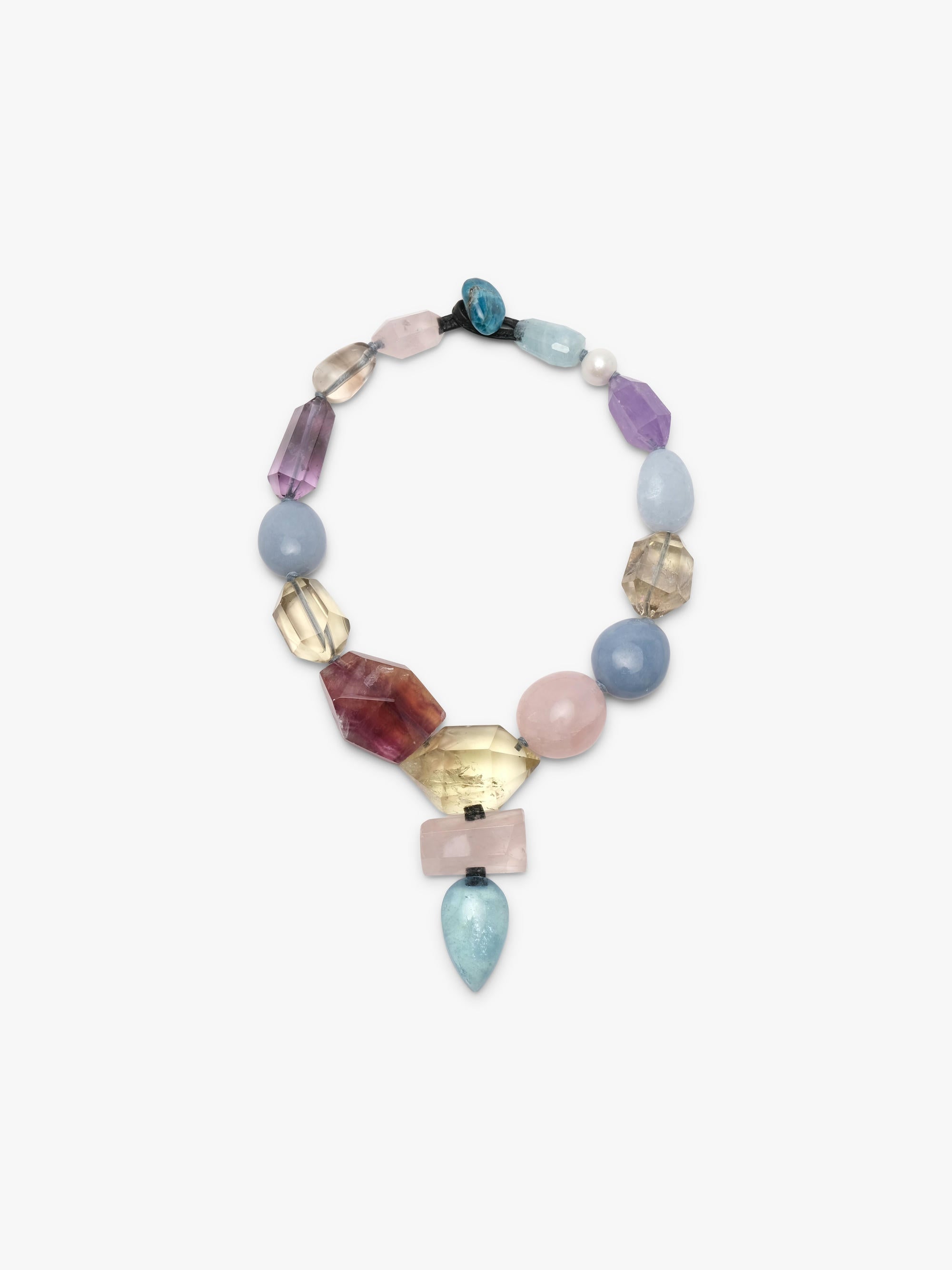 A multicolor beaded necklace featuring faceted gemstone beads in shades of pink, light blue, purple, amber, and clear, with a teardrop-shaped light blue stone pendant hanging from the center, set against a plain white background.