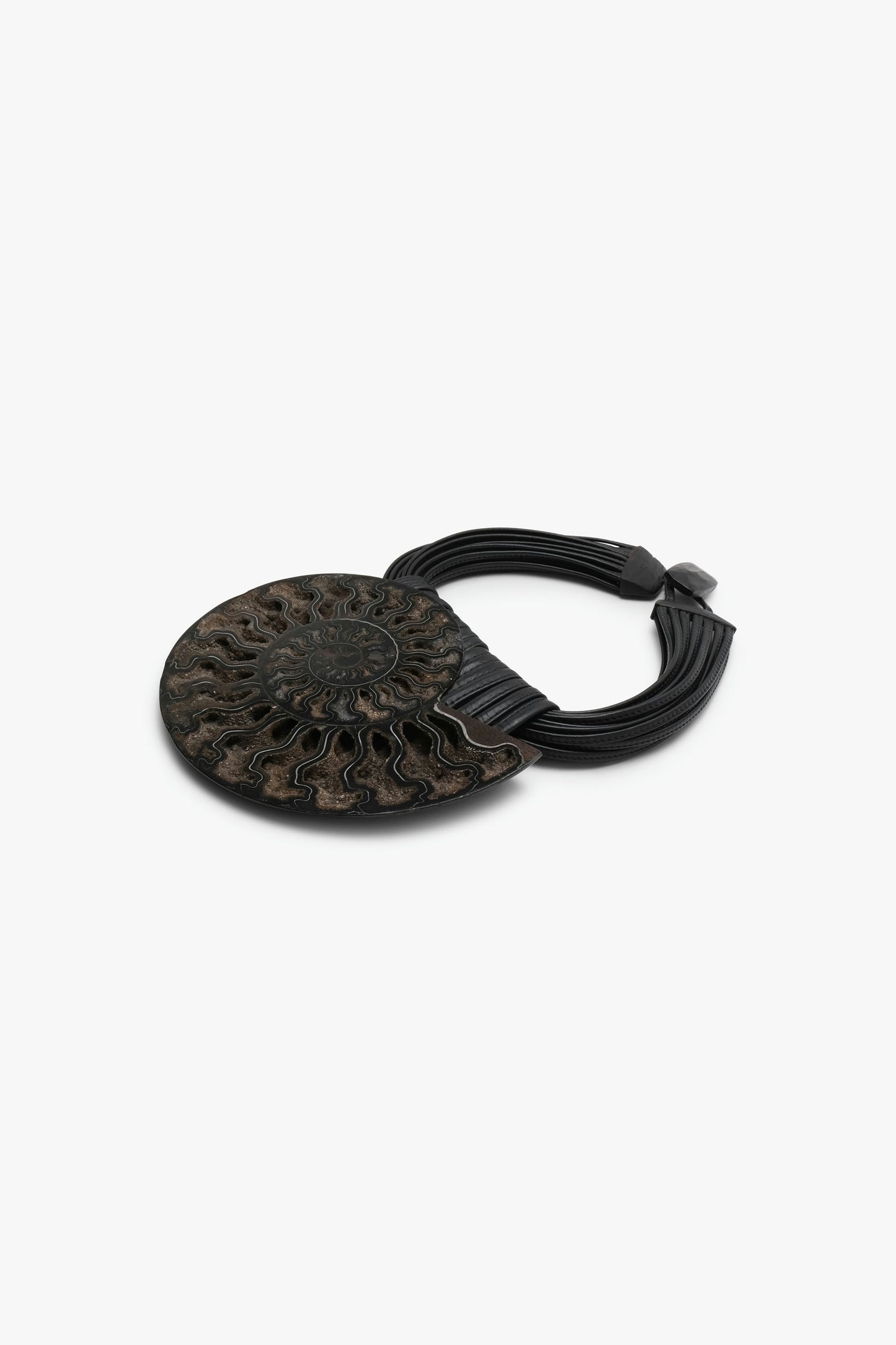 Necklace: ammonite, ebony, leather