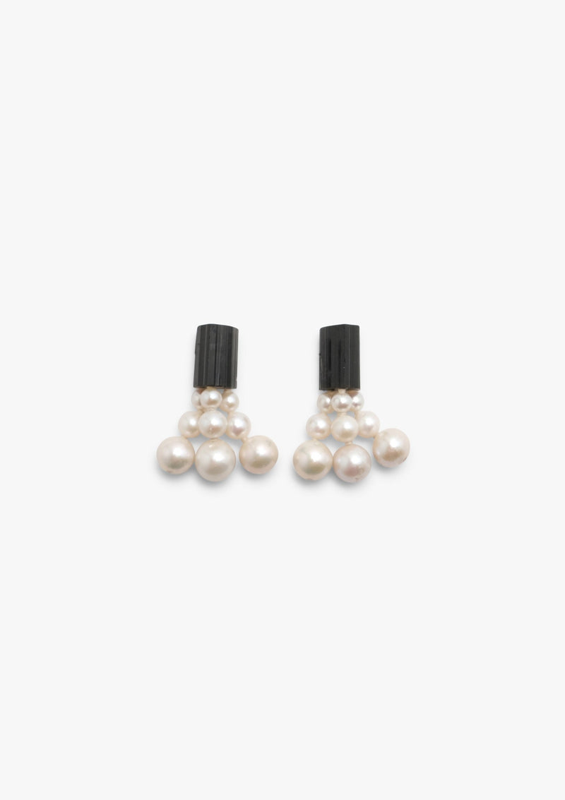 black earrings with a cluster of pearls underneath, displayed on a white background
