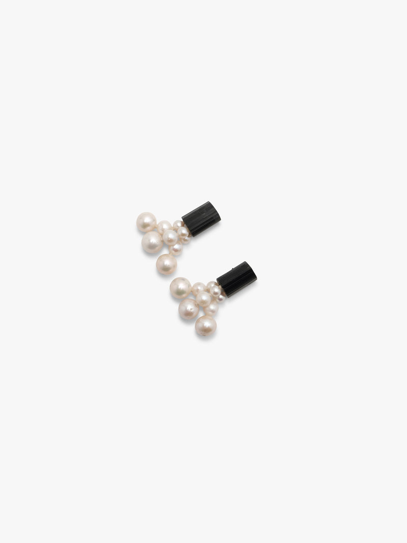 black earrings with a cluster of pearls underneath, displayed on a white background