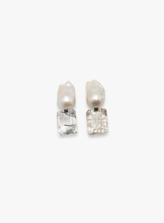 Earring: baroque pearl, ruthilated quartz